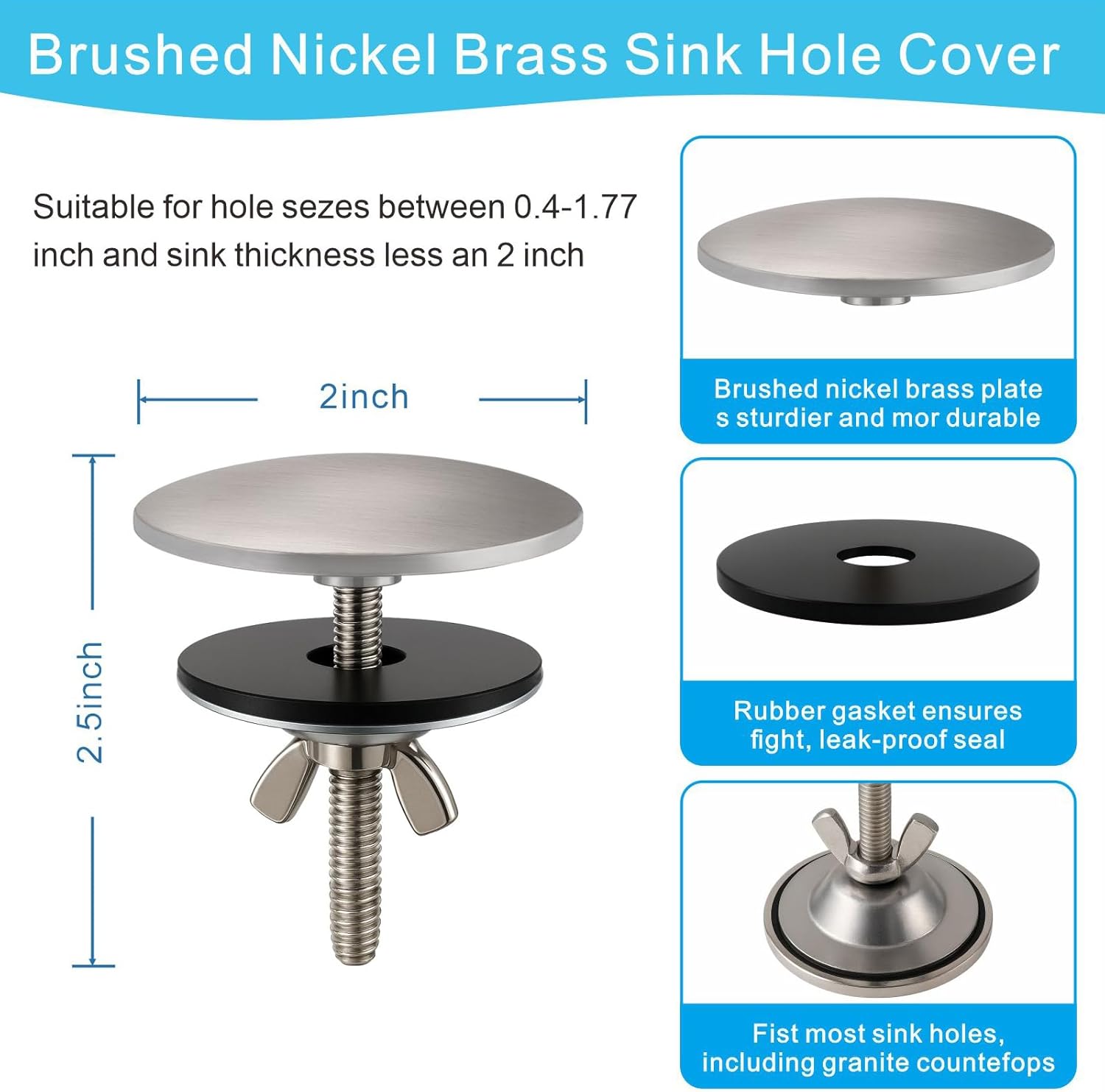 2 Inch Kitchen Sink Hole Cover, Solid Brass Faucet Hole Cover, Brushed Nickel Finish Tap Hole Plate Stopper Cover, Countertop Hole Cover for Kitchen and Bathroom Sinks (Brushed Nickel)