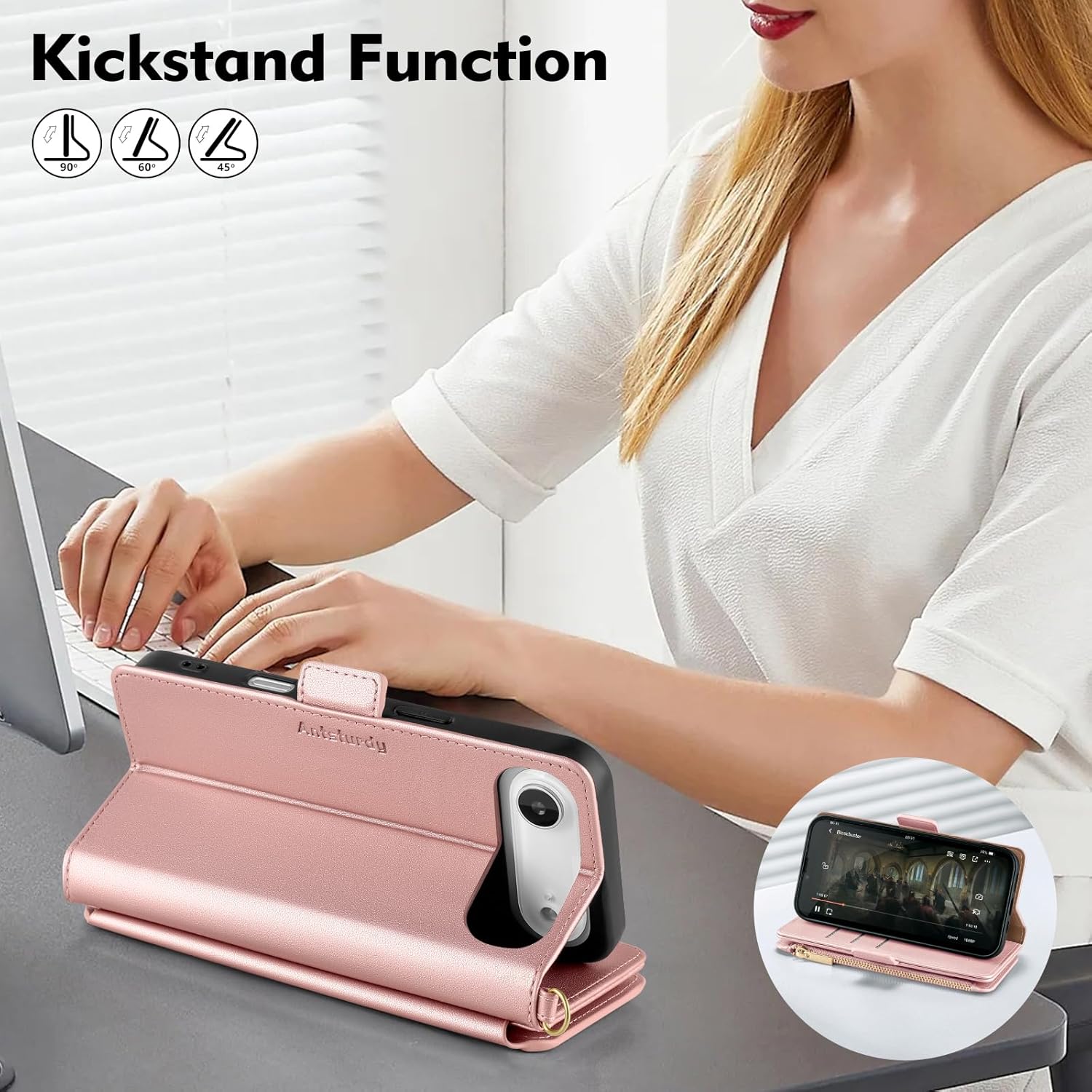 Antsturdy Compatible with iPhone Air Wallet Case Women RFID Blocking PU Leather Phone Case Men Kickstand Flip Cover Wrist Strap Zipper Credit Card Holder Slots for Apple 17 Air 2025,Rose Gold