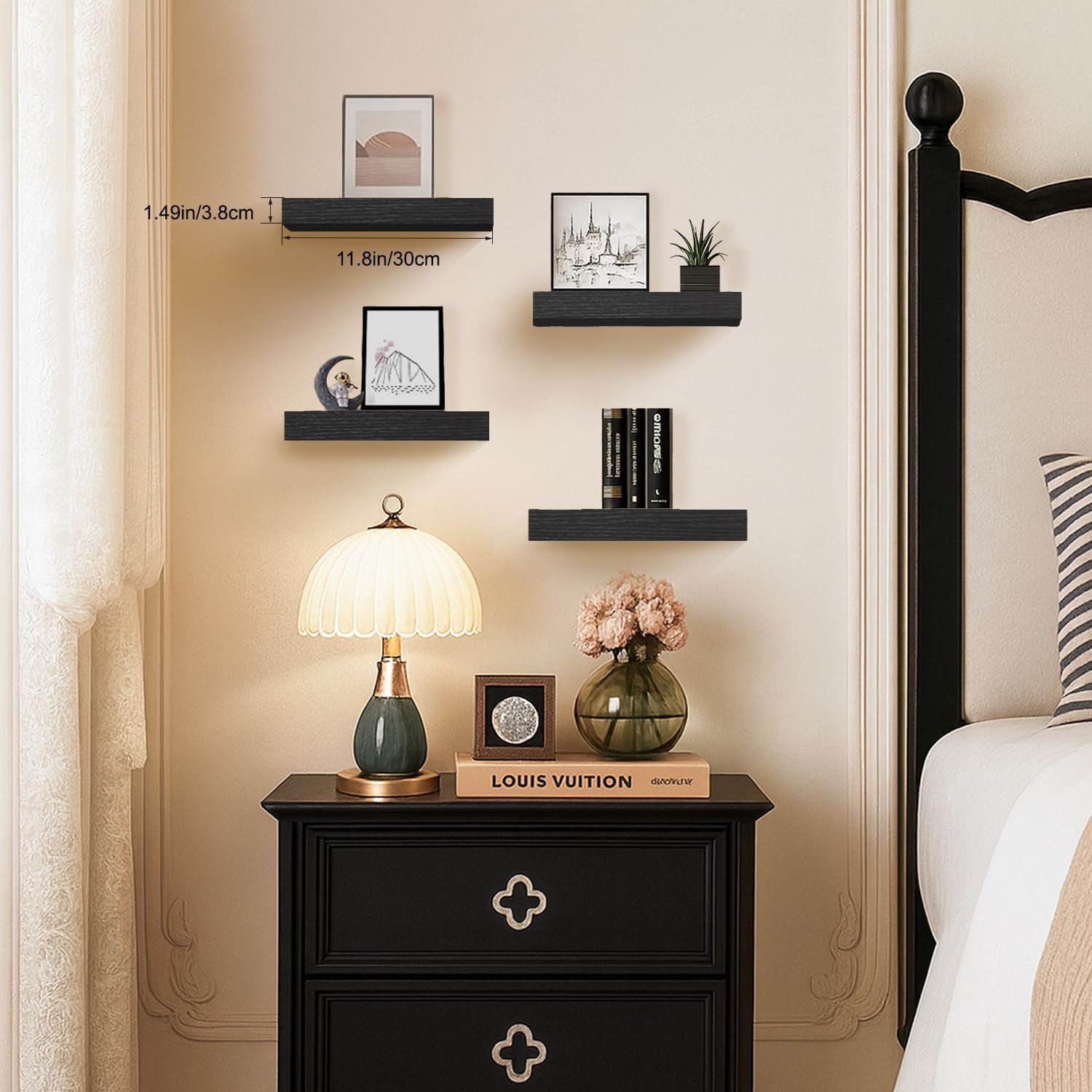 Floating Shelves for Wall, Bathroom Shelves Over Toilet, Wall Shelves & Book Shelf for Room, Hanging Shelf, Modern Wooden Wall-Mounted Small Floating Shelves, 12x7x1.5 in (Black, Set of 4)