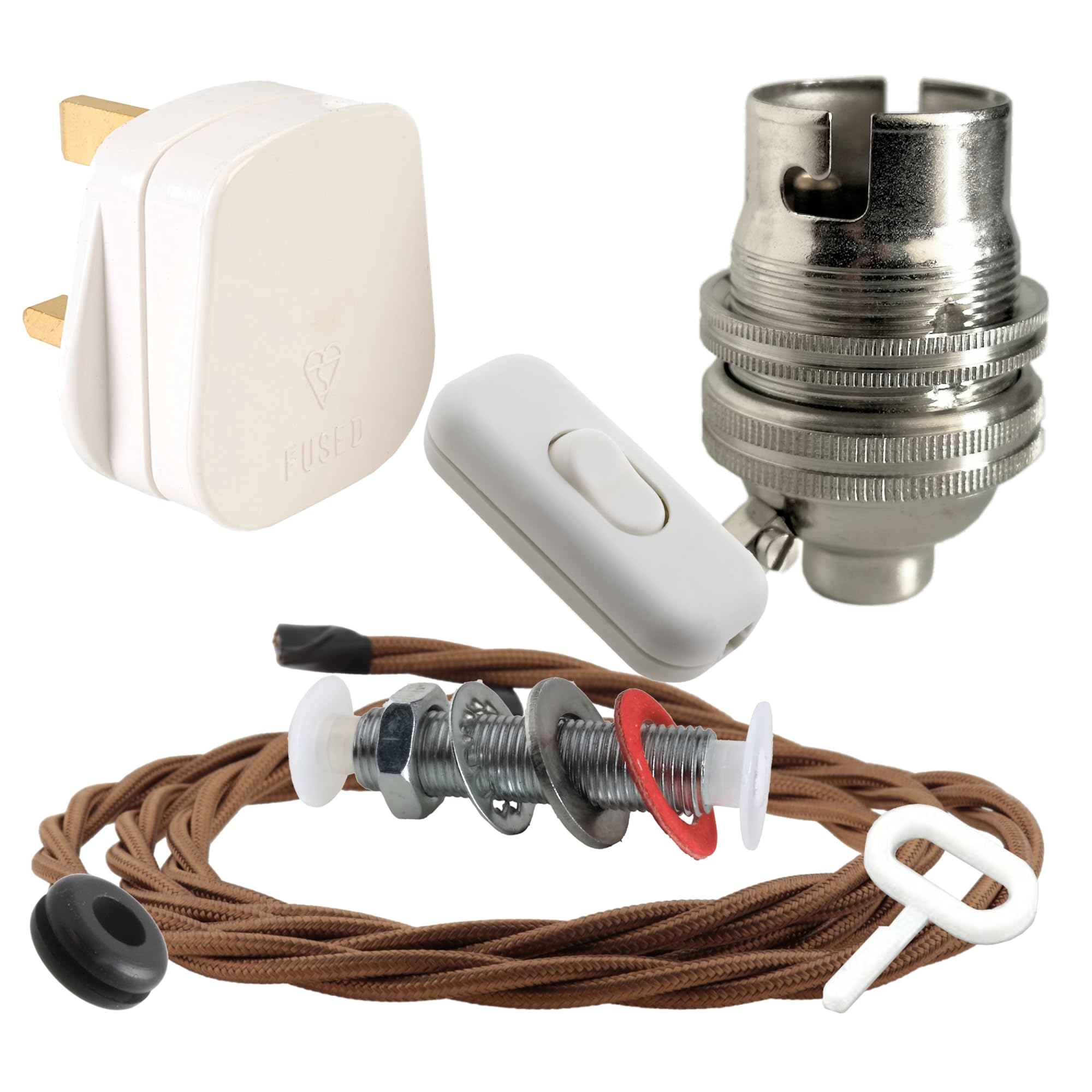 Art Deco Emporium Lamp Repair and Servicing Kit|White Plug|Bronze Flex|White Switch|B22 Chrome Finish Lamp Holder