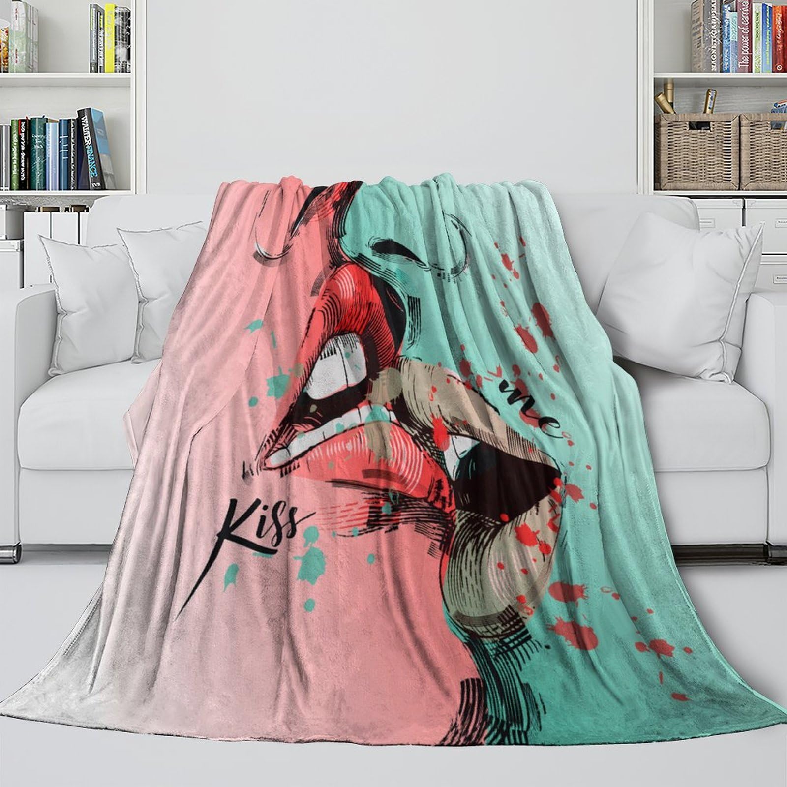 stampa 3D kiss arte coperta da viaggio microfibra biancheria da letto anti-pilling coperta da viaggio compatta per regali per viaggiatori Stylized pop 70×80inch(180x200cm)