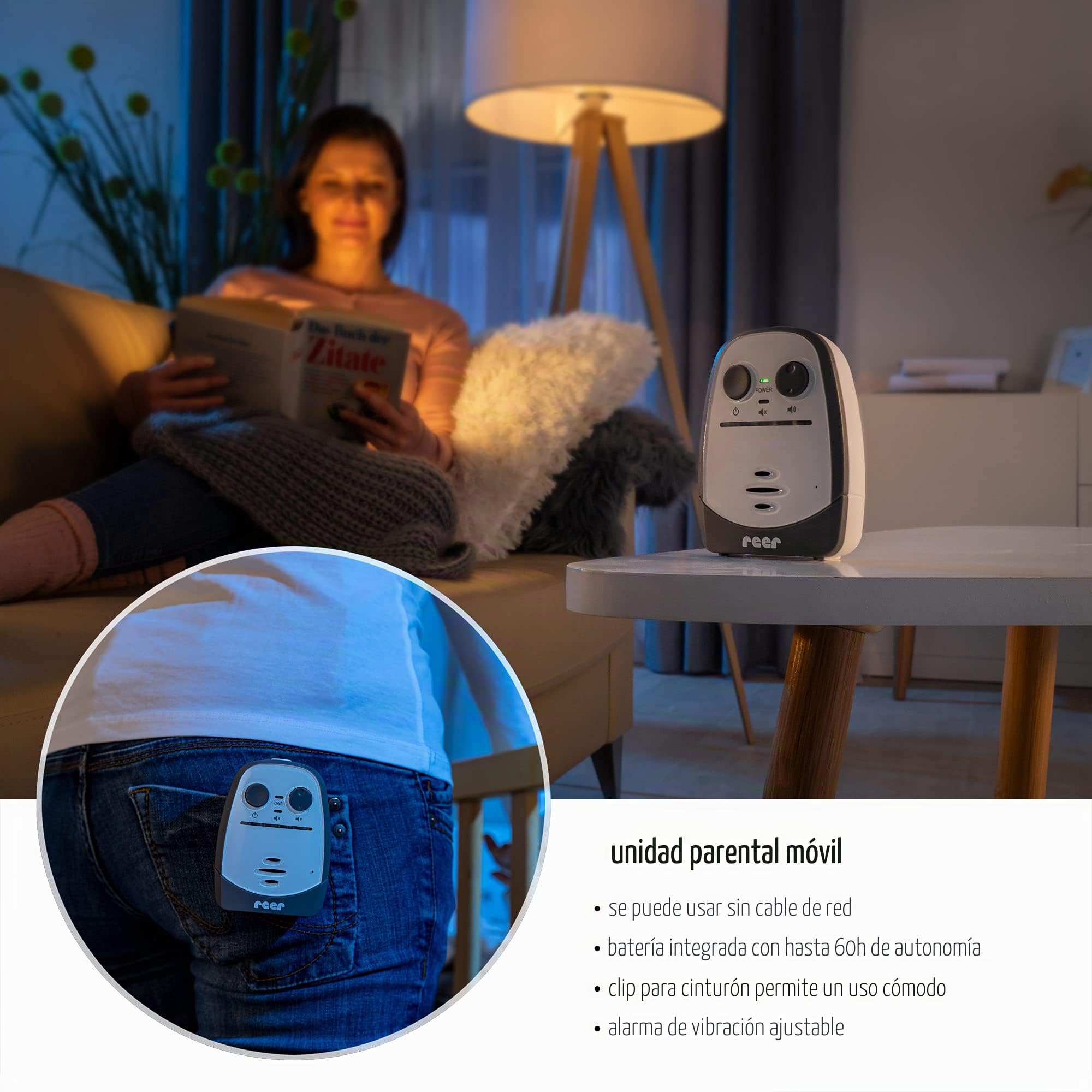 Reer Cosmo 50150 - Vigilabebés con luz nocturna, alarma de vibración y función de intercomunicación, color blanco, alcance de 600 m