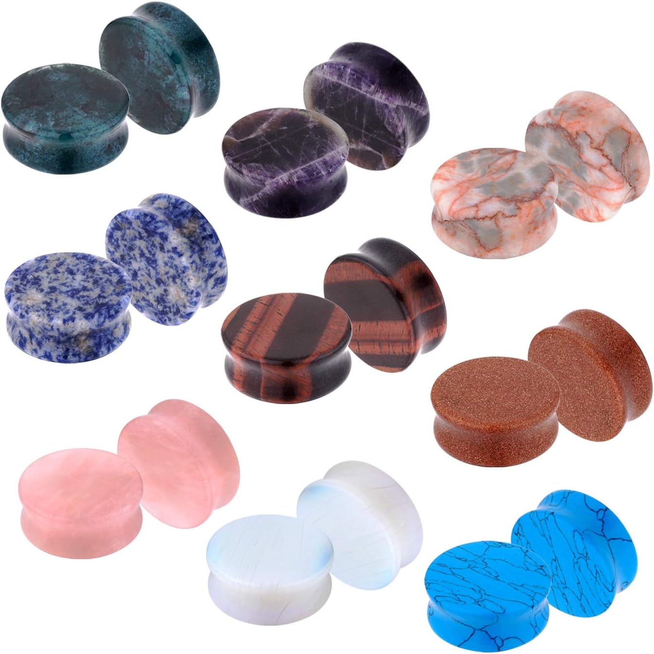 18PC Body Piercing Stone Plugs - Ear Stretching Kit - Beginners 8G-00G, Big Gauges 11mm-24mm (1 Inch) - Saddle Double Flared Tunnels Expander Earrings - Men Women Unisex Jewelry