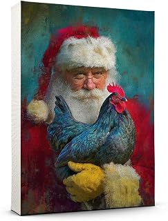 Santa Portrait Canvas Wall Art Vintage Christmas Painting, Chicken Blue Wyandotte Canvas Artwork for Holiday Decor Living Room Bedroom