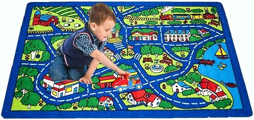 Miniatura 3 de Mybecca Alfombra infantil para niños, diseño de mapa de calles, color azul, 3 x 5 pies, para sala de juegos y guardería, base de gel antideslizante,