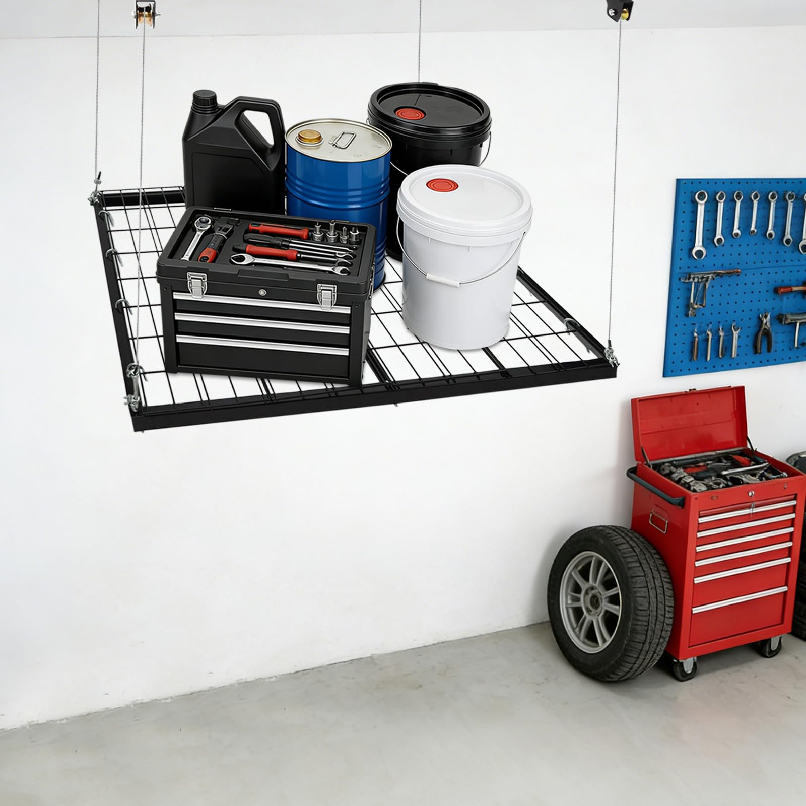 Kohlenstoffstahl Garagen-Lagerlift, Verstellbarer Schwerlast-Deckenlift mit Handkurbel, 113 kg Tragkraft, 243 cm Hubhöhe, platzsparender Garagen-Organizer, einfache Installation