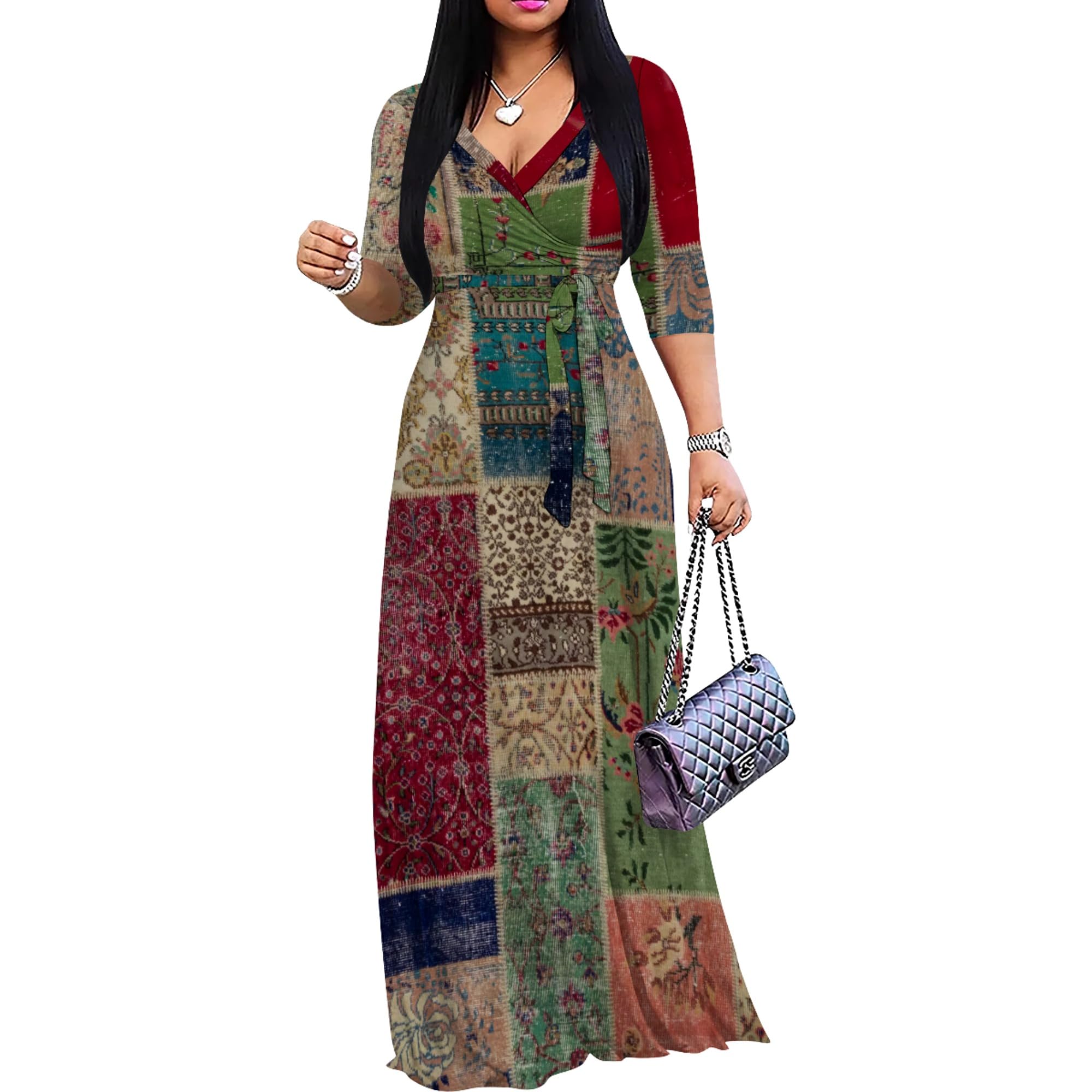 PinkPatty Women's Print Maxi Dresses 3/4 Sleeve Flowy Long Dress V Neck Wrap Tie Waist Sundress