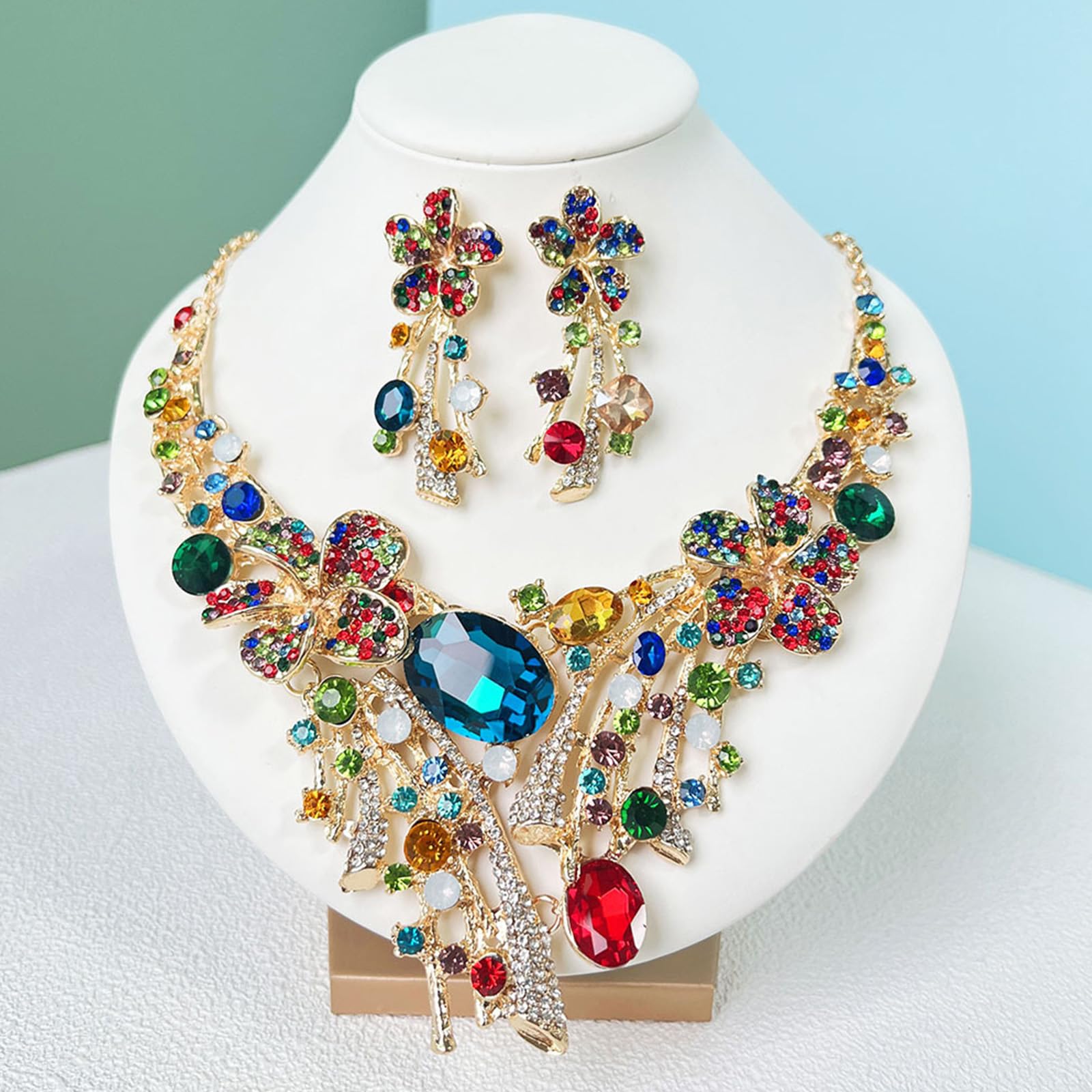 Deslumbrante juego de collar y aretes de tuerca con longitud ajustable, exquisito juego de joyas adecuado para un estilo versátil, joyería floral geométrica