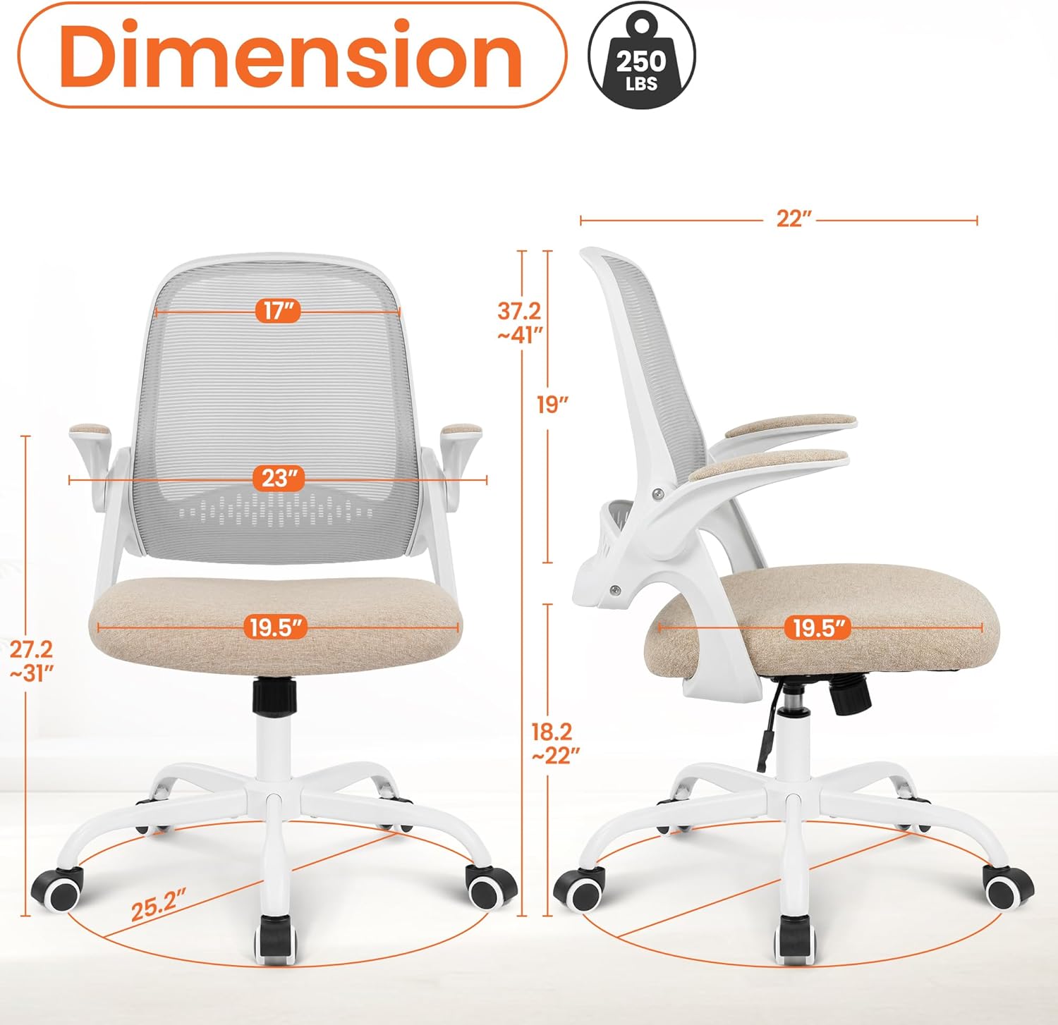 neo chair office chair gaming desk computer mesh ergonomic chair with flip-up arms comfy lumbar support adjustable height rolling wheels chair for home office (beige)