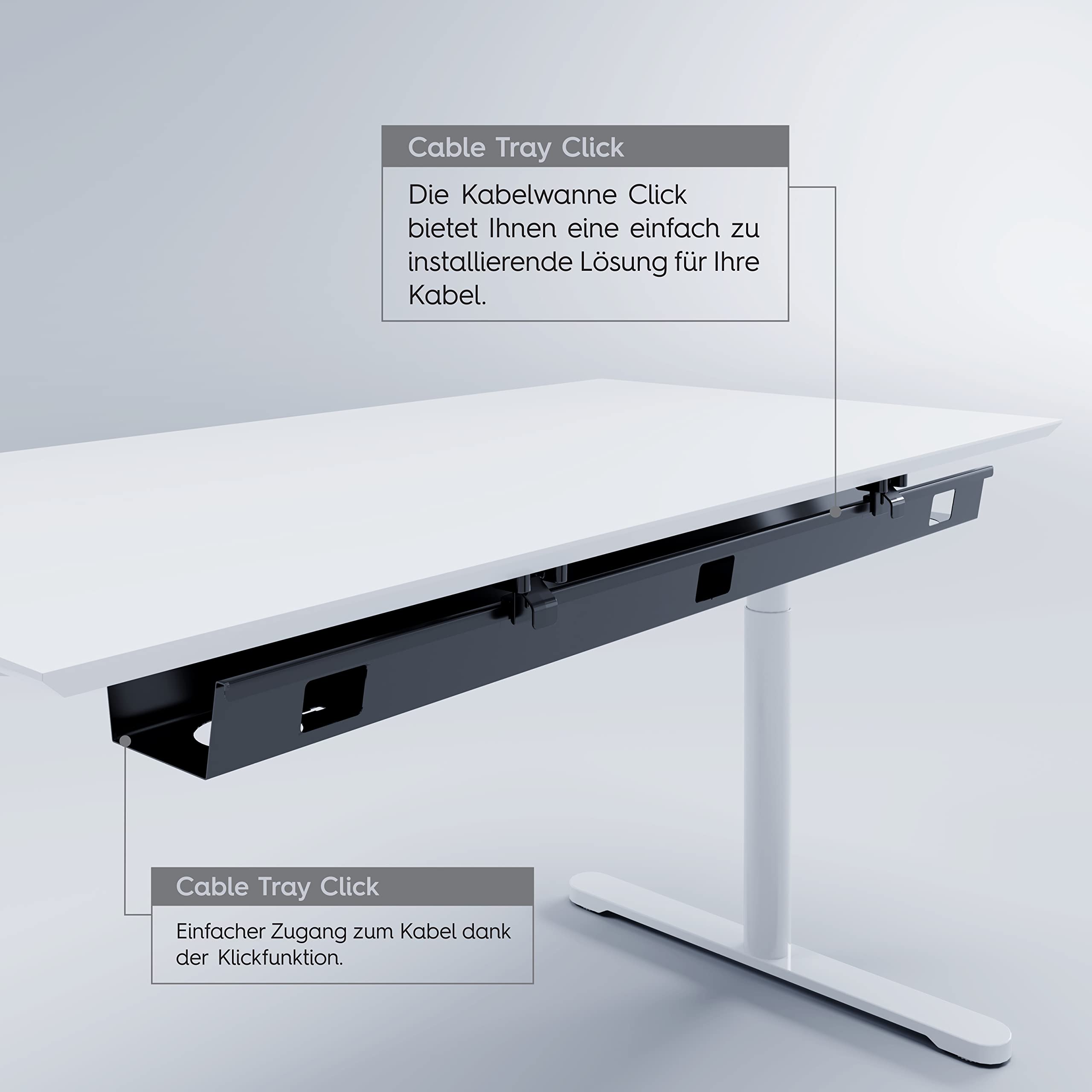 Premium Kabelwanne 120cm, abklappbar | Der Kabelkanal für effektives Kabelmanagement am Schreibtisch für Dein Büro | Kabelhalter Click (Weiß)