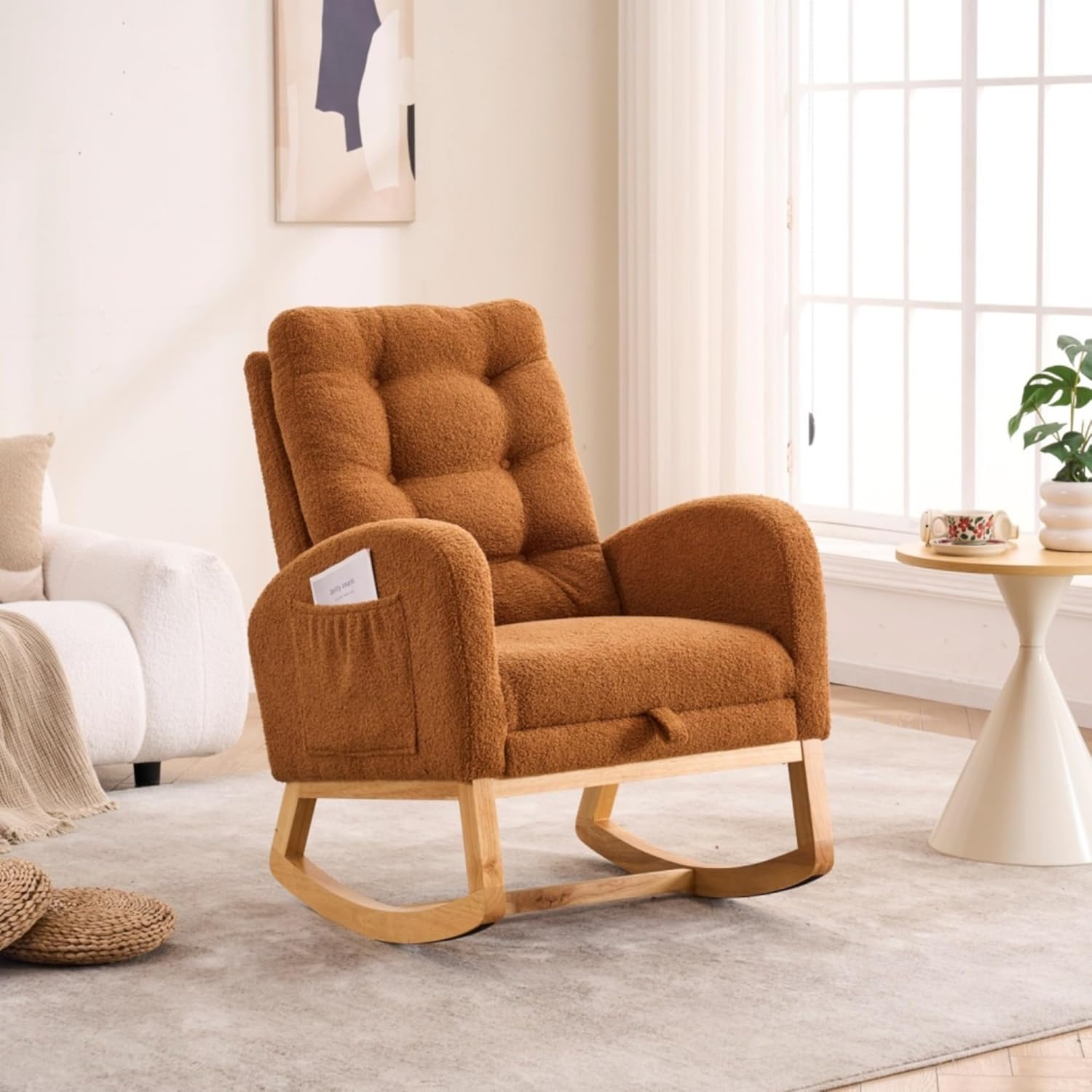 Upholstered Rocking Armchair with Footrest 39.76" High Back Teddy Fabric Rocker Chair with Side Storage Pocket and Rubber Wood Base for Living Room Bedroom Nursery (Caramel)