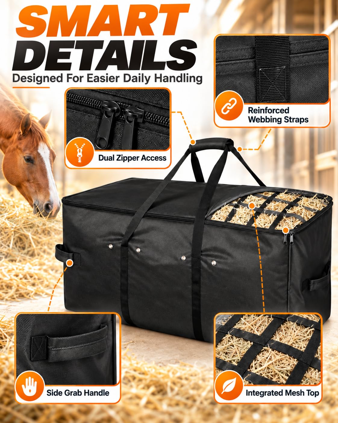 Borsa Fieno per Cavalli Mangiatoia Slow Feed Rete Grande capacità Resistente Sospesa Portatile Carico Superiore Cinghie Regolabili Ganci Capre Asini Stalla Rimorchio Fattoria,Nero,3pcs