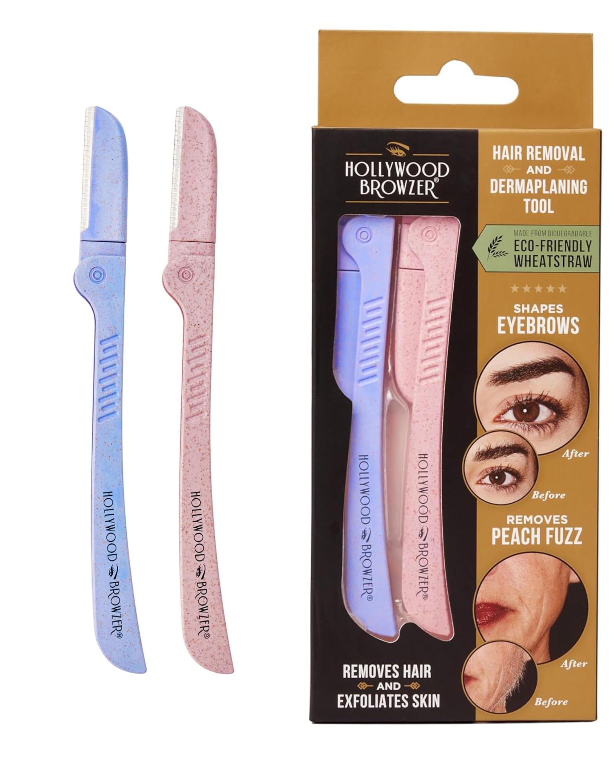 Hollywood Browzer Set da 2 Rasoi per Dermaplaning Viso Donna, Rimuove Peli e Cellule Morte Senza Dolore, Viso e Corpo, Lama in Acciaio Inox, Custodia Protettiva inclusa (Ametista e citrino)