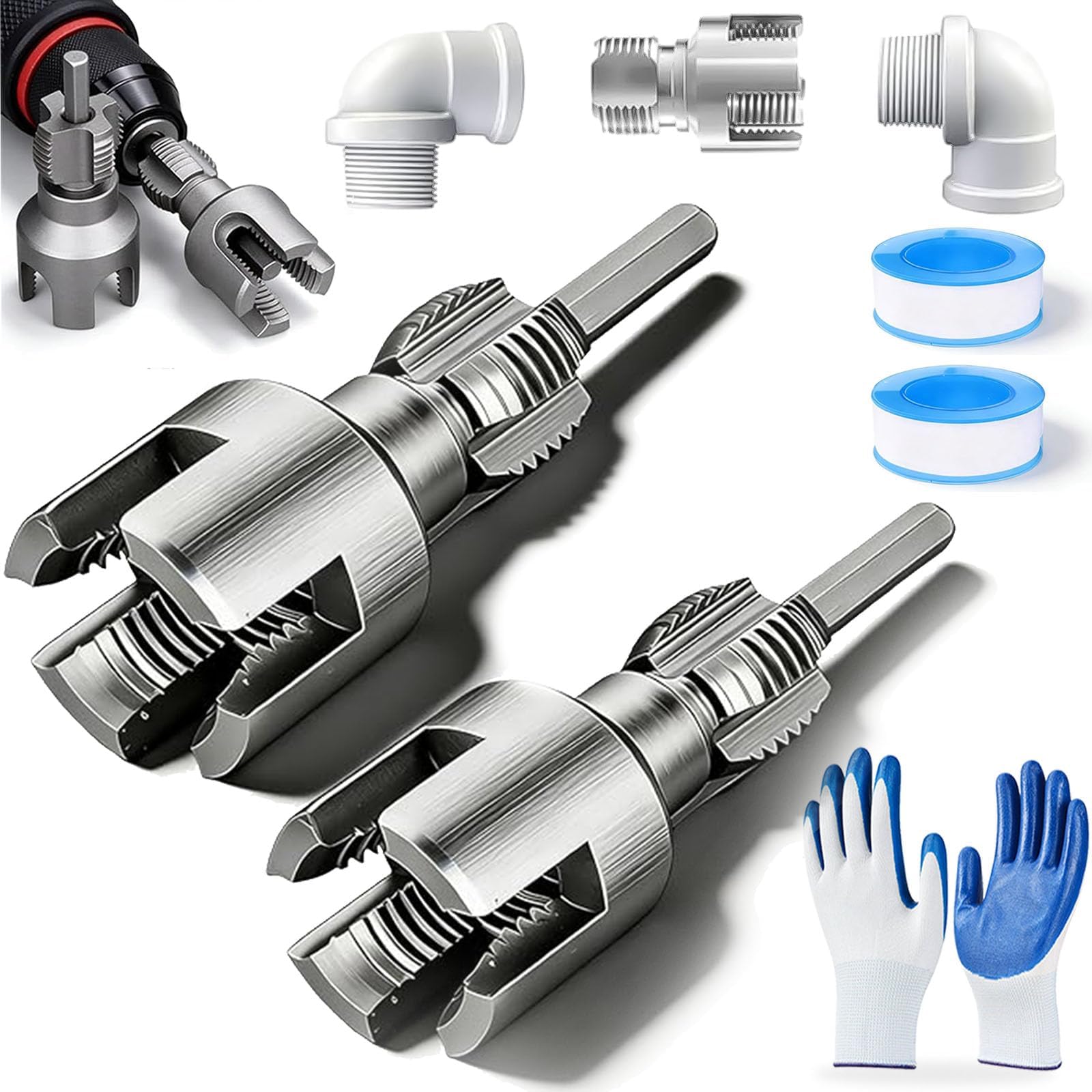 4 in 1 Pipe Wrench Set, Integrated Internal & External PVC Pipe Threader, Pipe Tapping and Threading Tool for 1/2'' & 3/4'' Pipes, Electric Drill Compatible PVC Threader (2-1/2")