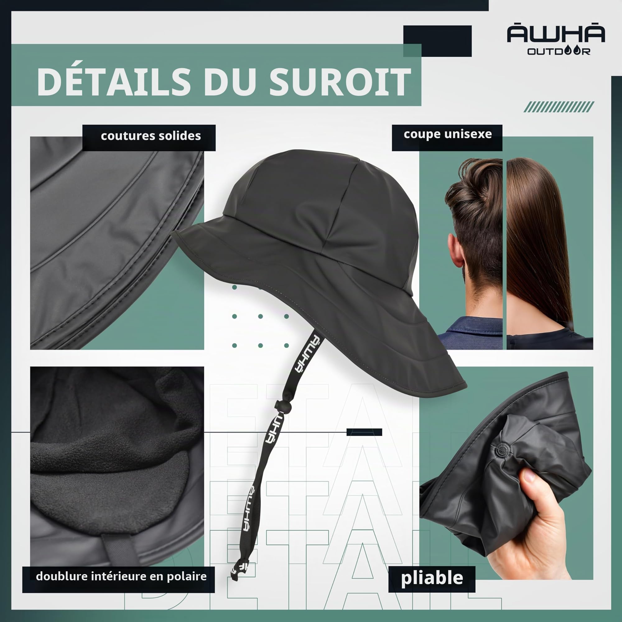 AWHA Chapeau de Pluie suroît Noir/Unisexe - Chapeau imperméable à Large Bord avec Oreillettes