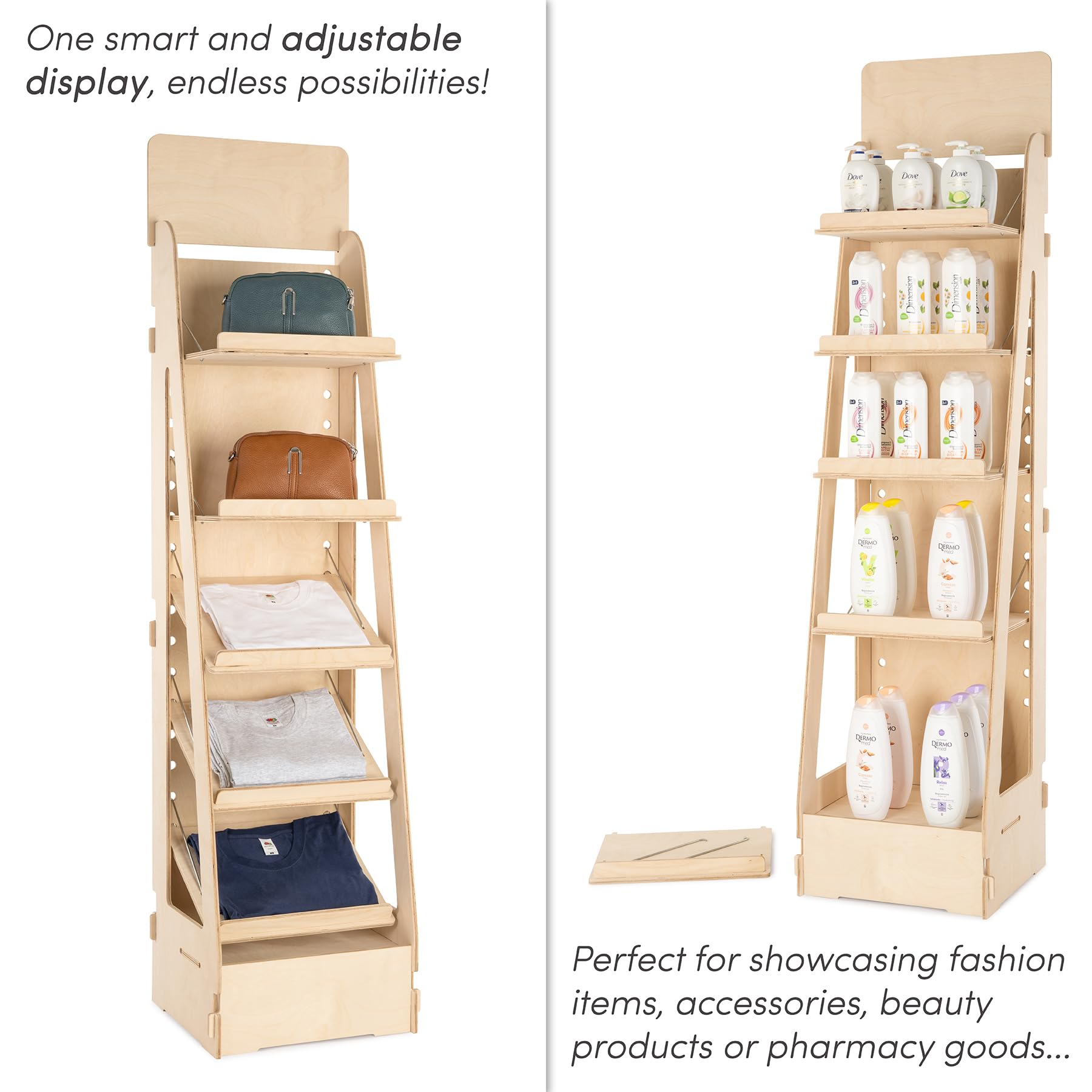 Espositore in Legno, da Terra, Regolabile, Inclinazione e Altezza Ripiani Variabile, Espositori per Negozi, Alimentari, Farmacie, Cartolerie, Ferramenta, Librerie (Adapti - L.40cm)