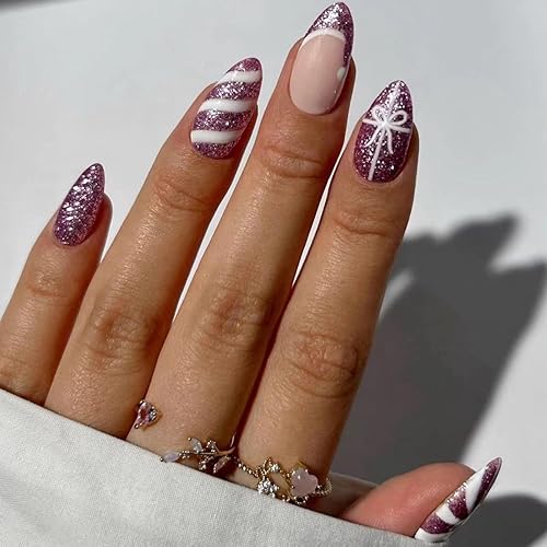 Christmas Press on Nails Medium Almond Fake Nails with Purple