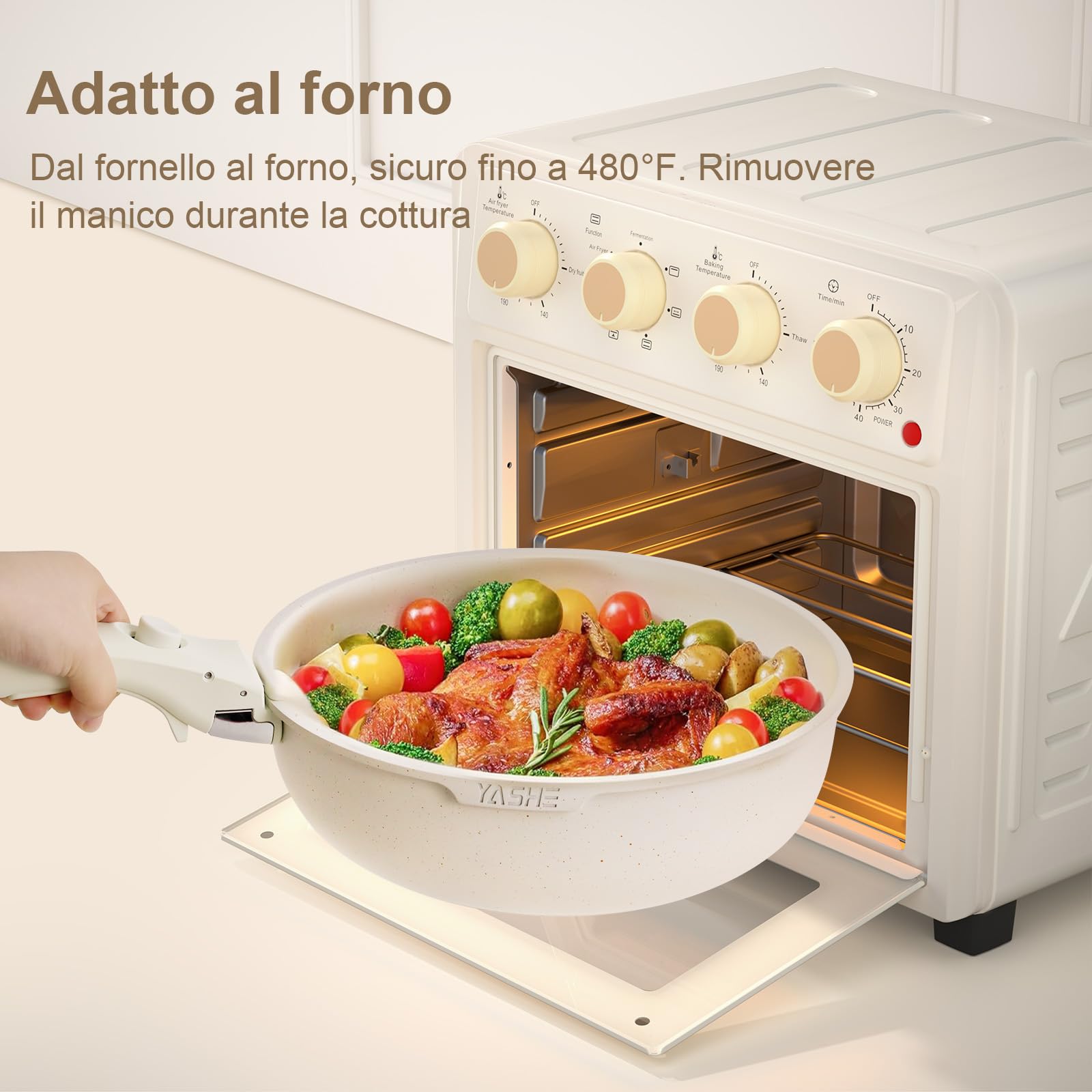 YASHE Set da 13 pentole e padelle antiaderenti, set di pentole a induzione, set di pentole da cucina con manico staccabile, lavabile in lavastoviglie e forno, bianco crema