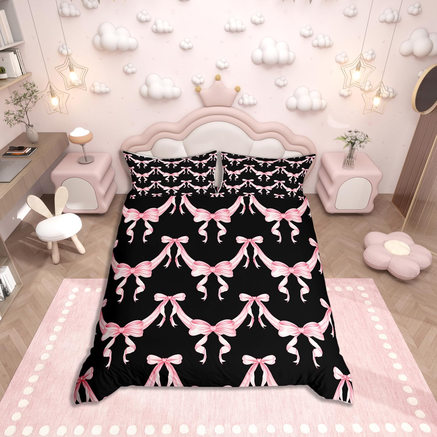 Loussiesd Watercolor Bow Bedding Set for Kids Boys Girls Pink Bows Comforter Cover Set Single Size Bowknot Duvet Cover Bedroom Decor Coquette Bows Bedspread Cover Bedding Collection 2Pcs,No Comforter