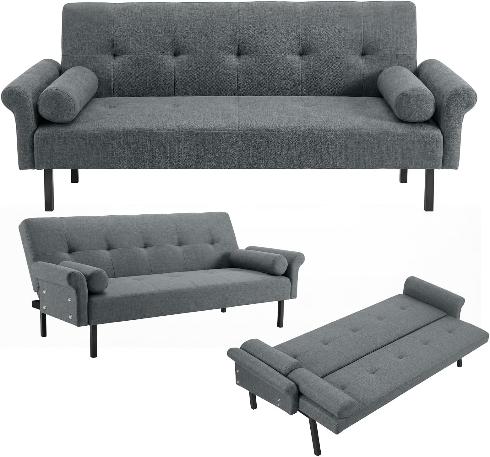Panana Modern 3 Seater Sofa Bed, Fabric Upholstered Sofa bed with Metal Legs,Futon Recliner Lounge for Living Room, Spare Room, Bedroom (Grey with armrest)
