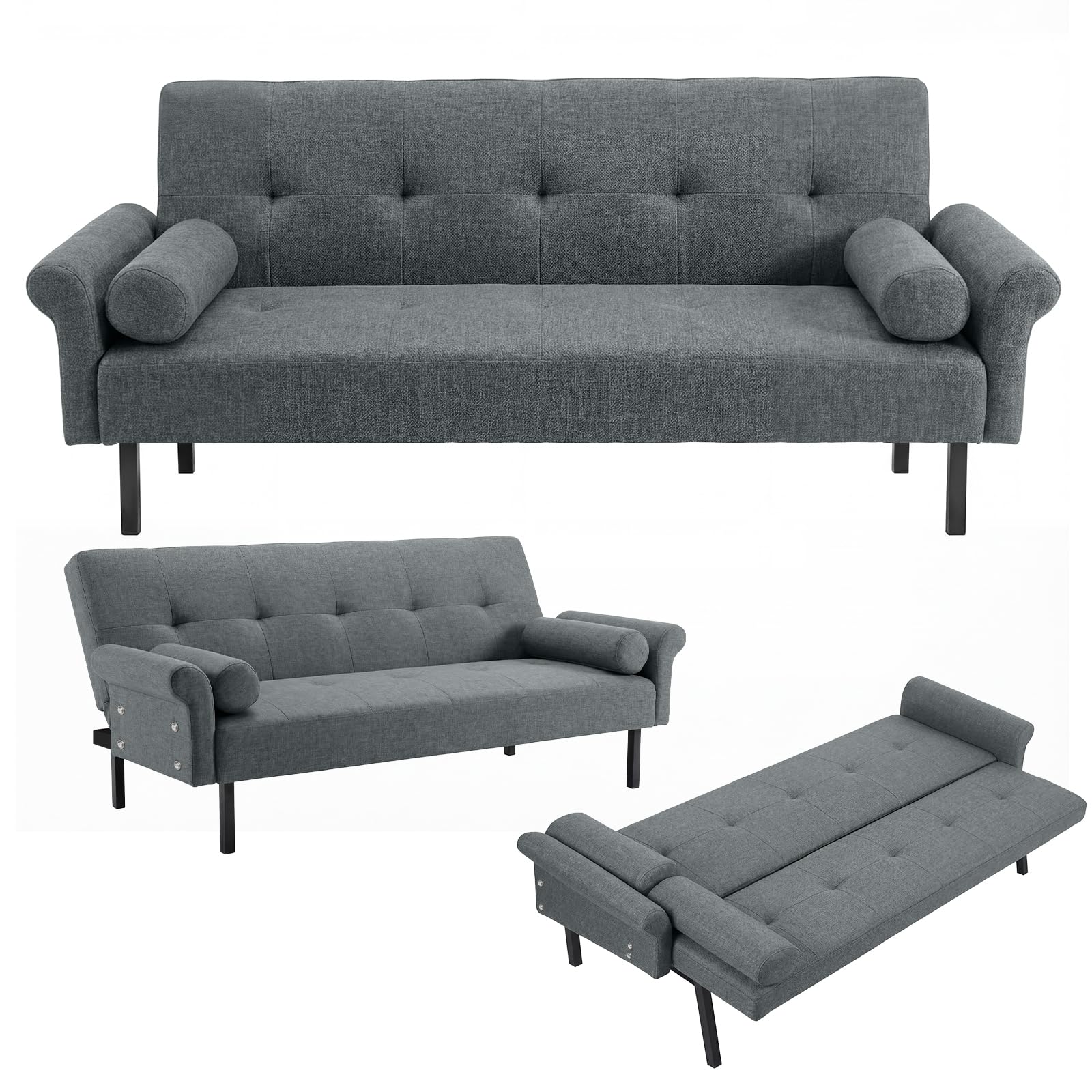 Panana Modern 3 Seater Sofa Bed, Fabric Upholstered Sofa bed with Metal Legs,Futon Recliner Lounge for Living Room, Spare Room, Bedroom (Grey with armrest)