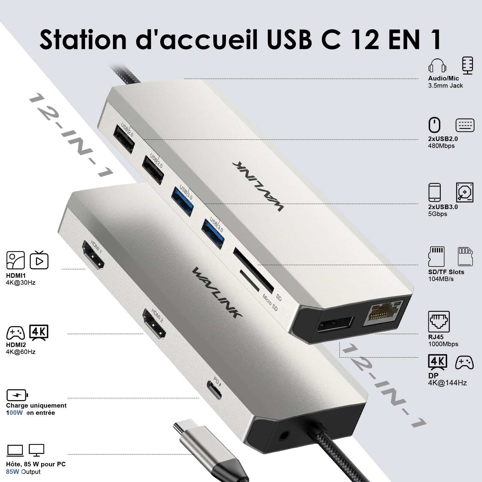 WAVLINK Station d'accollement USB C à Double Moniteur, Station d'accollement avec Double HDMI, DP, 100W PD, USB3.0&2.0, RJ45, Fentes SD/TF, Audio/Micro