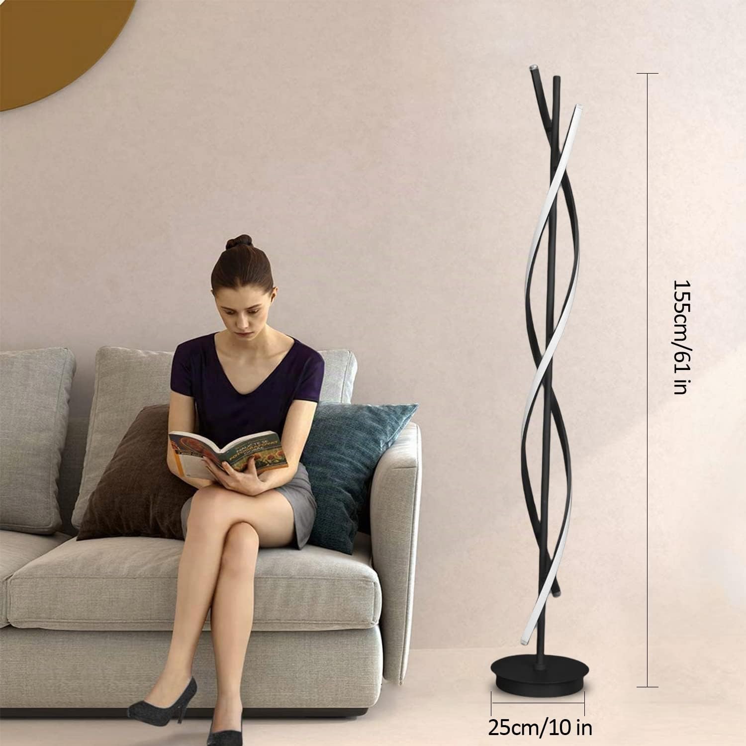 Lampada da Terra Salotto LED, 52W Piantana Lampada da Terra Dimmerabile Con Telecomando,155cm Lampada da Pavimento Moderno Spirale Design Per Comodino Camera da Letto Ufficio Lettura(nero)