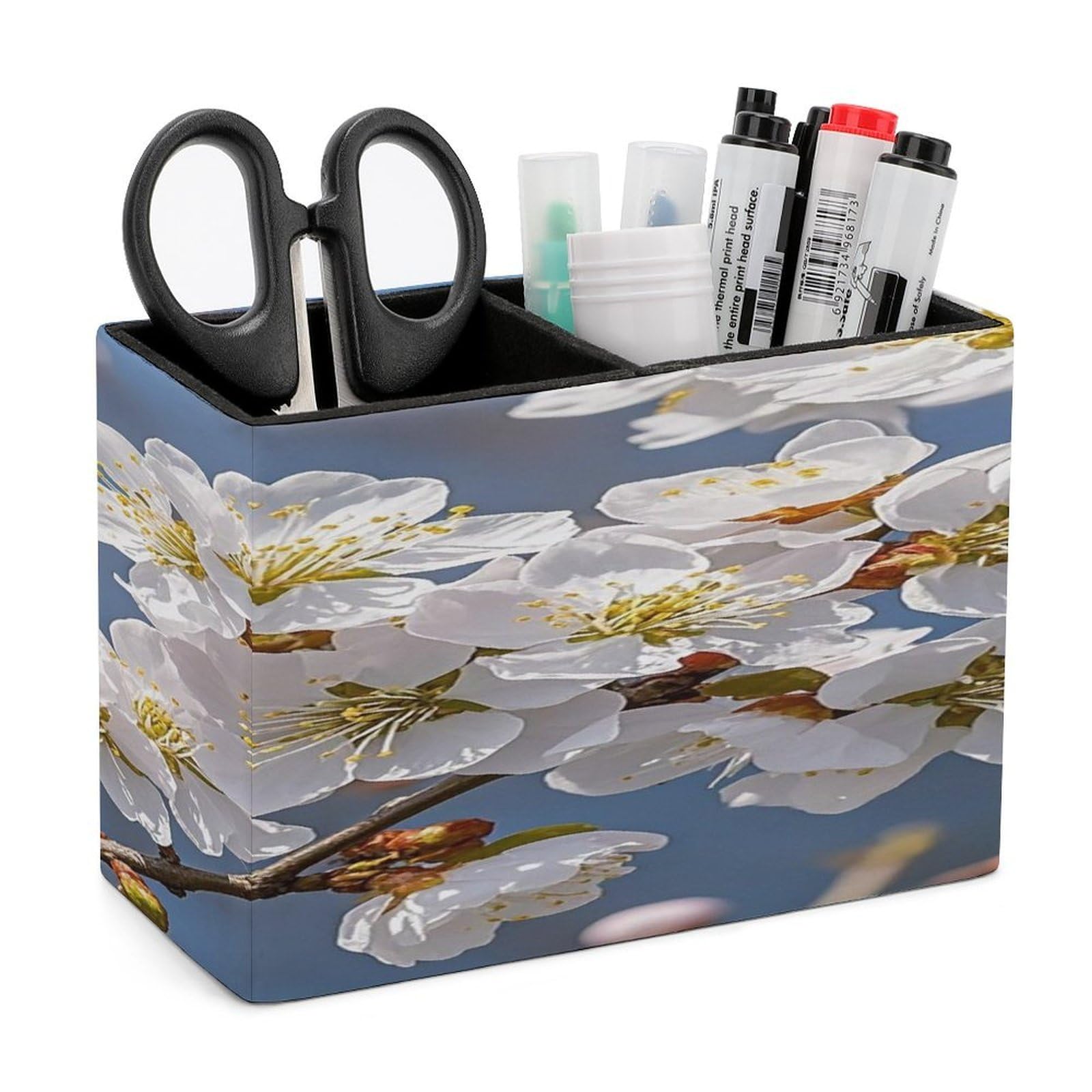 FekiLoot Japanese Floral Cherry Blossom Pen Holders for Desk Small Remote Control Holder Leather Pencil Cup with Double Compartments Desktop Organizer for Table Desk Office Space Saving
