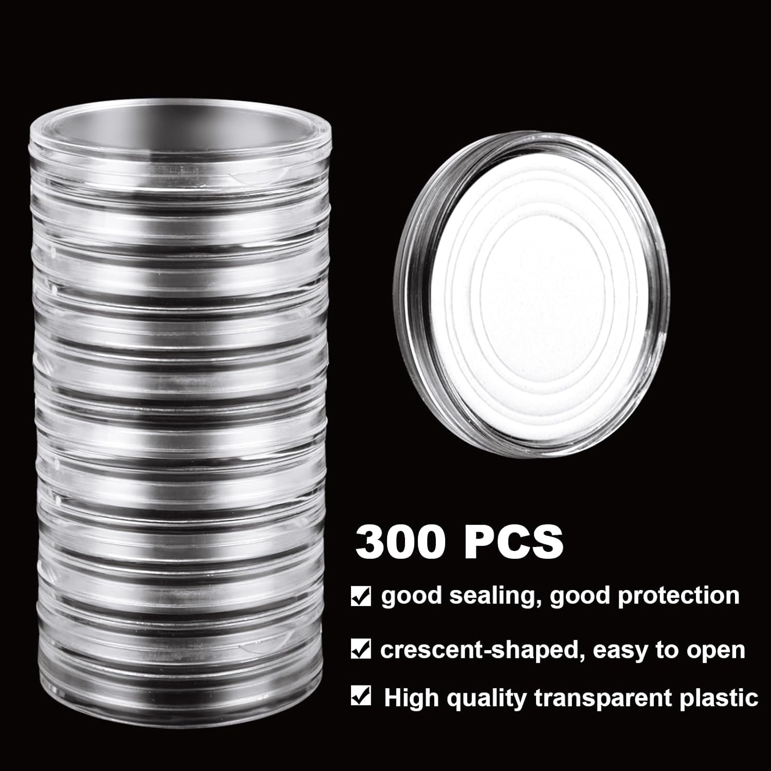 300PCS Coin Capsules Holder (17/20/25/27/30mm) Silver Dollar Coin Holder Clear Plastic Coin Storage Box with Protect Gasket, Round Coin Storage Case for Coin Collection Supplies with Foam Gasket