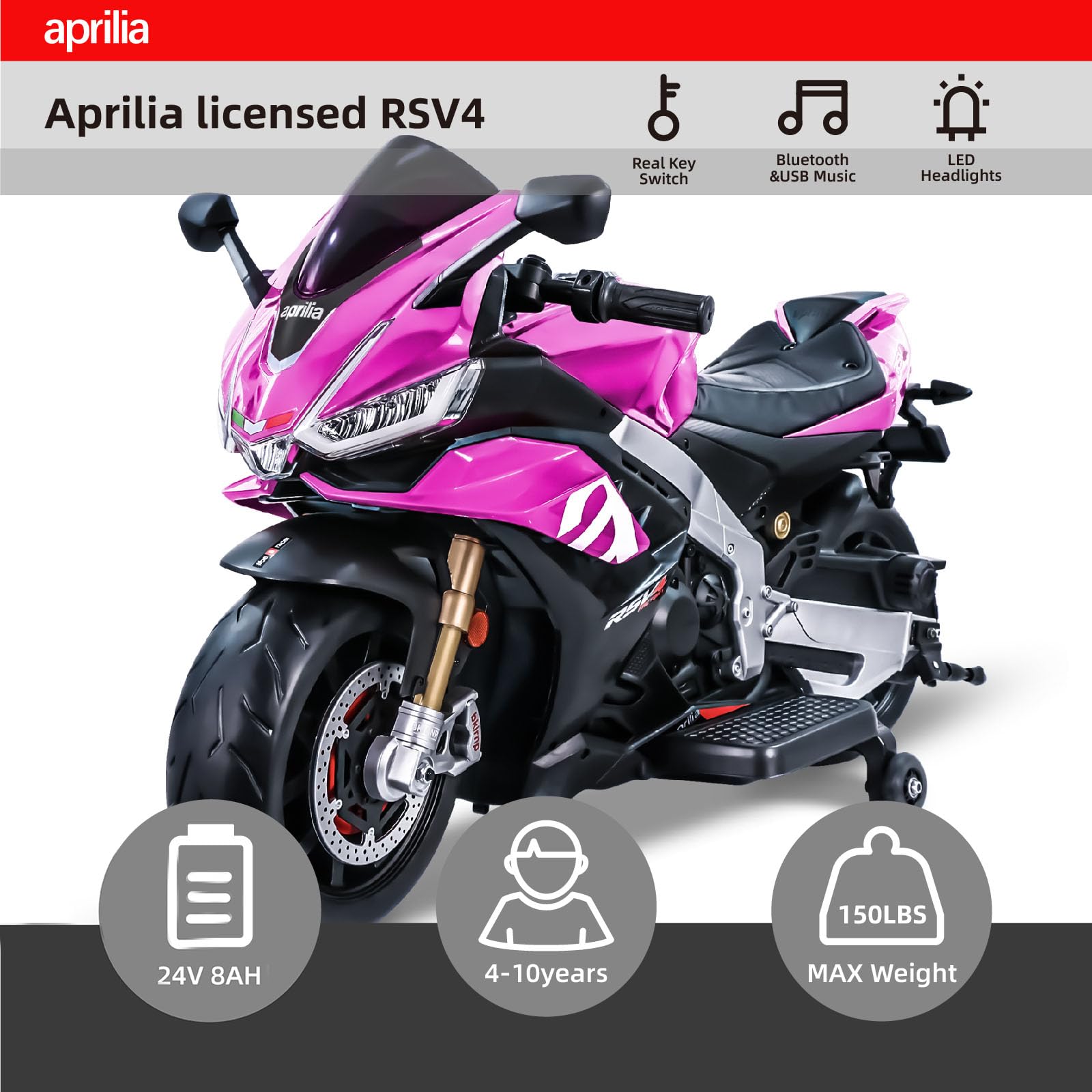 Moto Eléctrica Infantil Aprilia Racing RSV4 12V – Luces LED, Sonidos Realistas, Ruedas Estabilizadoras Y Velocidad De 3 A 6 Km/h