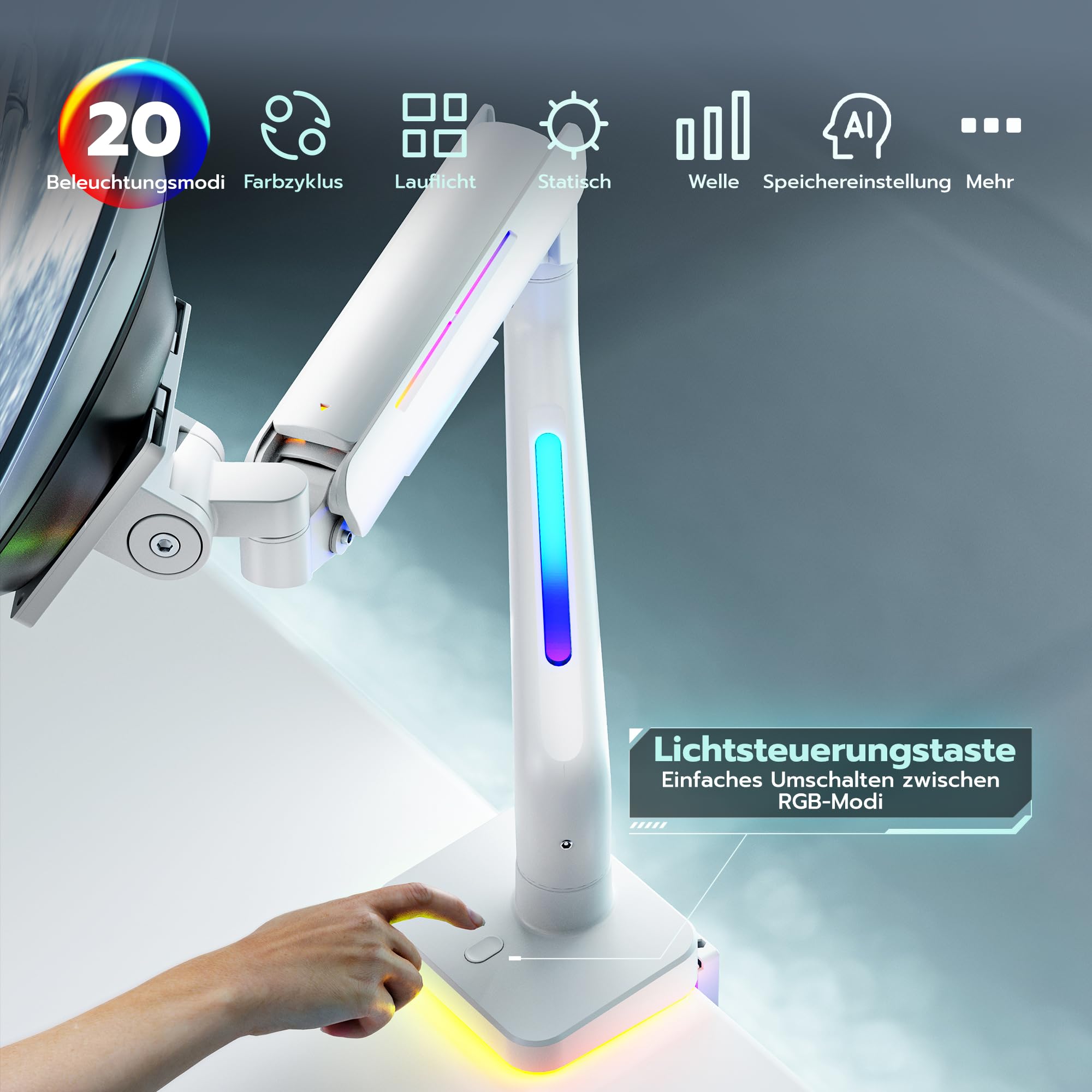 ARES WING RGB Gaming Monitor Halterung für 17-49" Monitore,Weiß | Monitor Arm für schwere 20 kg Flach & Curved Monitore, höhenverstellbarer Monitorarm, für Gamer Designed