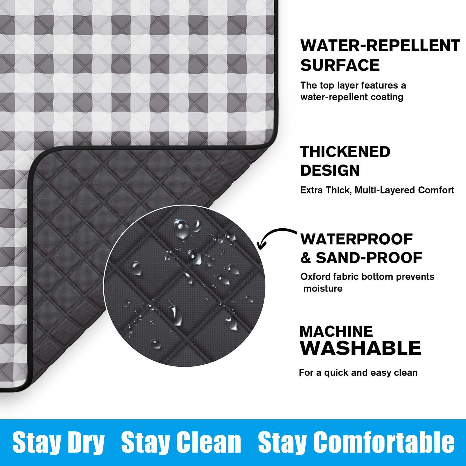 TigeJoy Extra große Picknickdecke, wasserdicht, Stranddecke, 203 x 203 cm | Outdoor-Picknickmatte, sanddicht, für Park, Strand, Gras, Reisen, Wandern, Camping-Essentials, Gingham-Picknickdecke, faltbar