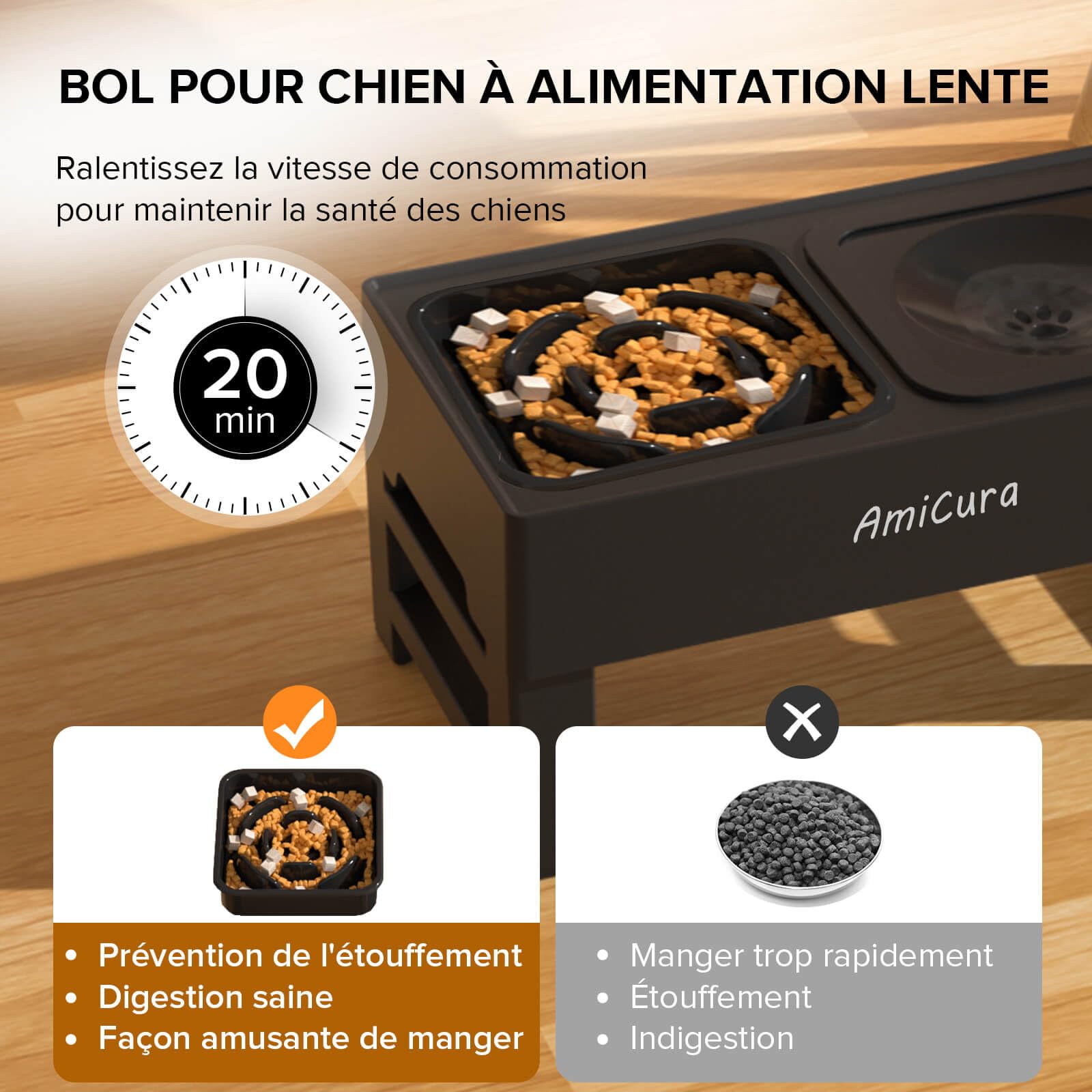 Amicura Gamelle Chien Surelevee, 2-en-1 Gamelle Surélevée avec Gamelle d'eau Anti-éclaboussure et Acier Inoxydable, 4 Hauteurs RéGlables pour Petits Chien Chat de Compagnie, Moyens et Grands