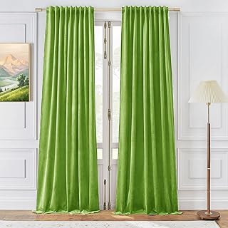 Timeper Lime Green Pleat Back Tab Velvet Curtains W52 x L96 inches 2 Panels, Room Darkening Solid Home Decor Curtains for Bedroom Living Dining Room Thermal Insulated Luxury Super Soft Window Drapes - Buy now