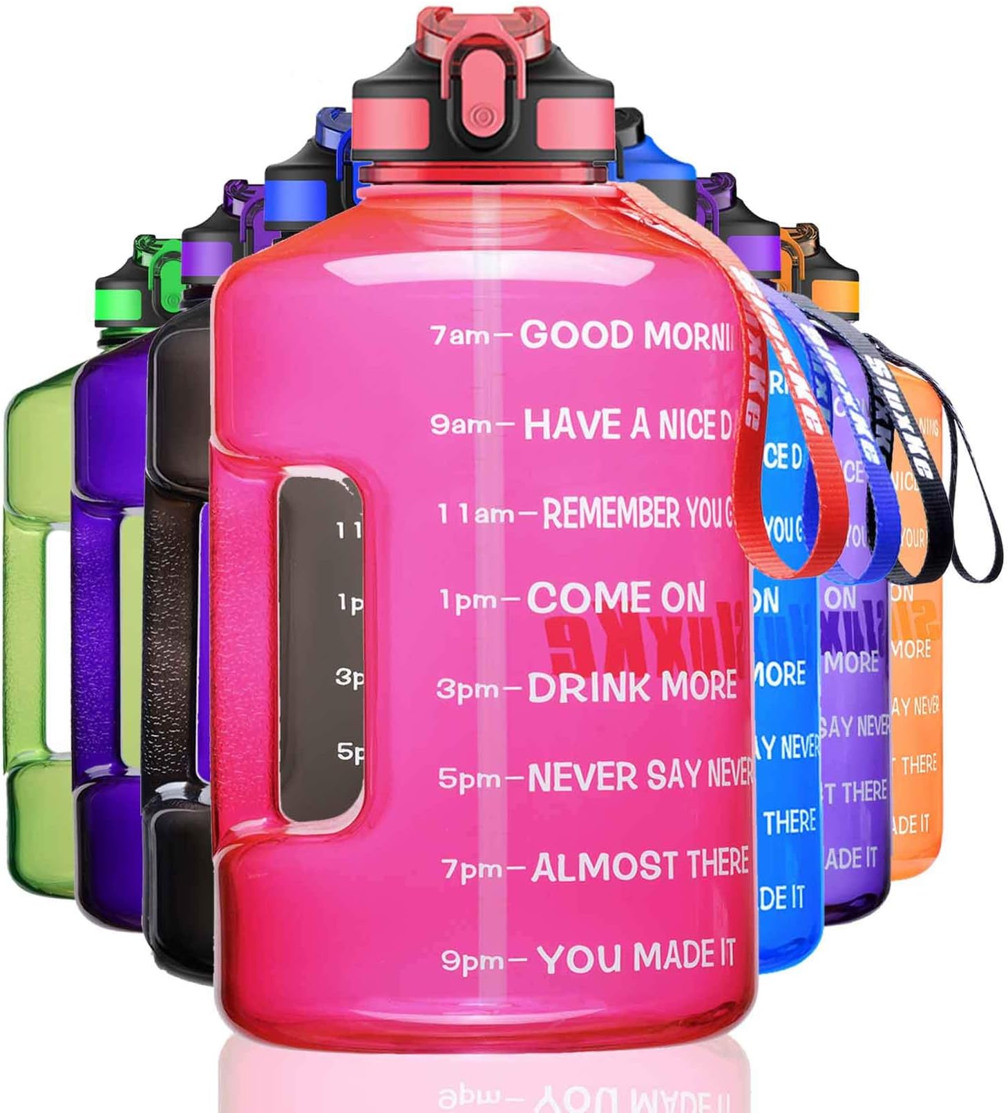 SLUXKE Gallon Water Bottle with Straw and Time Marker, 74oz BPA Free Big Water Jug with Strong Handle, Leakproof Pop Up Daily Water Intake Bottle Pink