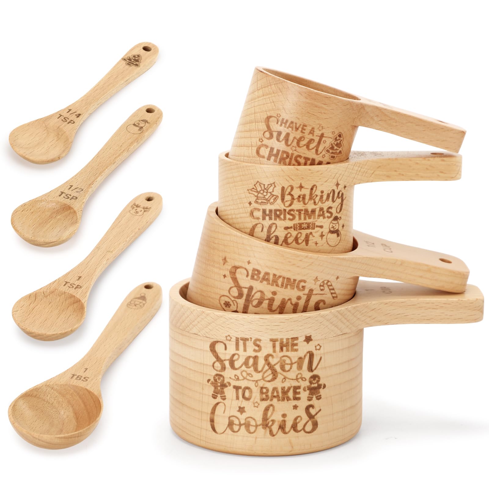Christmas Wooden Measuring Cup and Spoon Set with Festive Designs Stackable Measure Cups and Spoons with Comfortable Grips Essential Kitchen Gadgets for Cooking and Baking Gift for Christmas