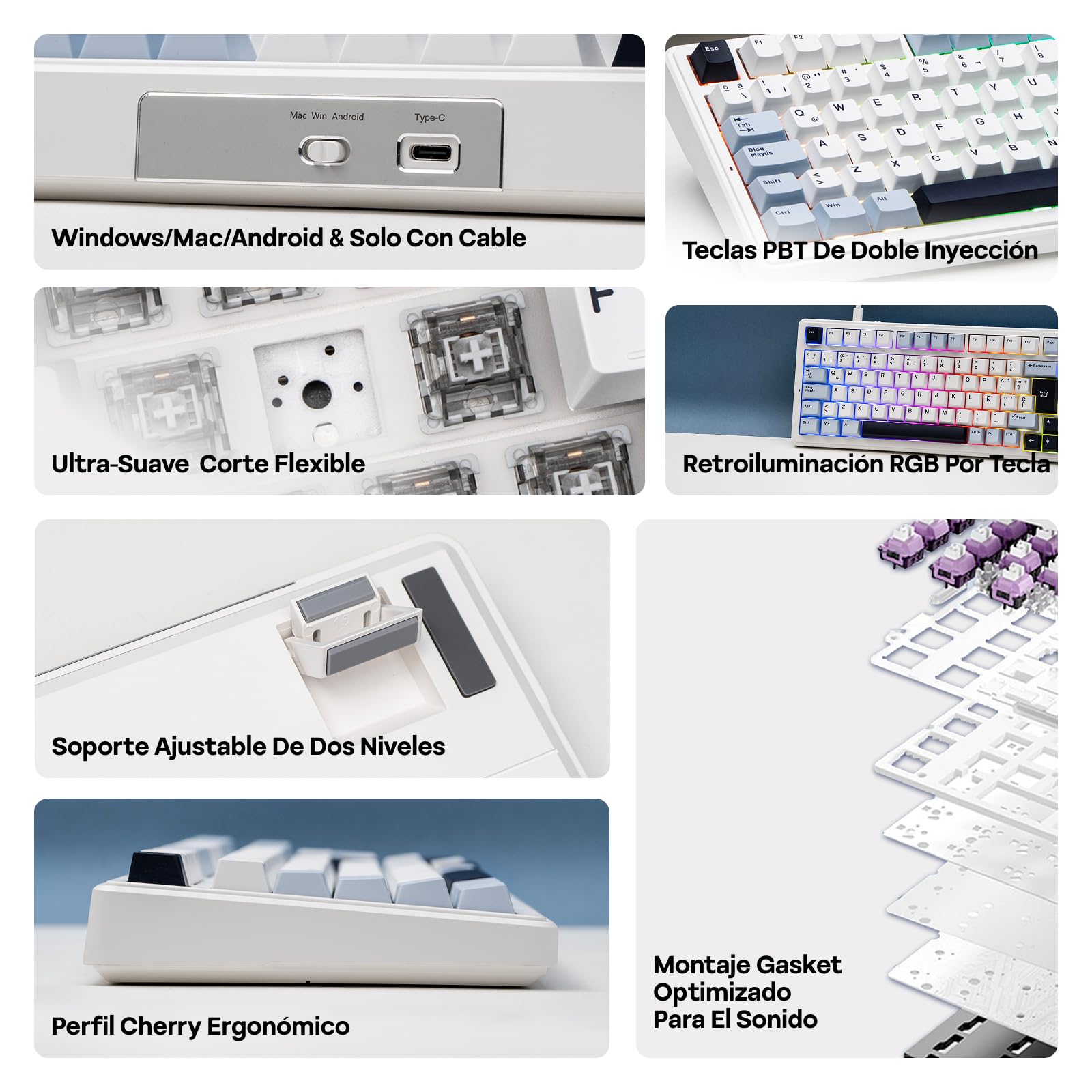 EPOMAKER x Aula F99 ISO-ES Teclado Mecánico con Cable, Distribución Española 96%, Hot Swap, Interruptores Lubricados, Teclas PBT, RGB, Teclado Numérico, Gasket Suave, para Gaming/Oficina (Blanco Azul)
