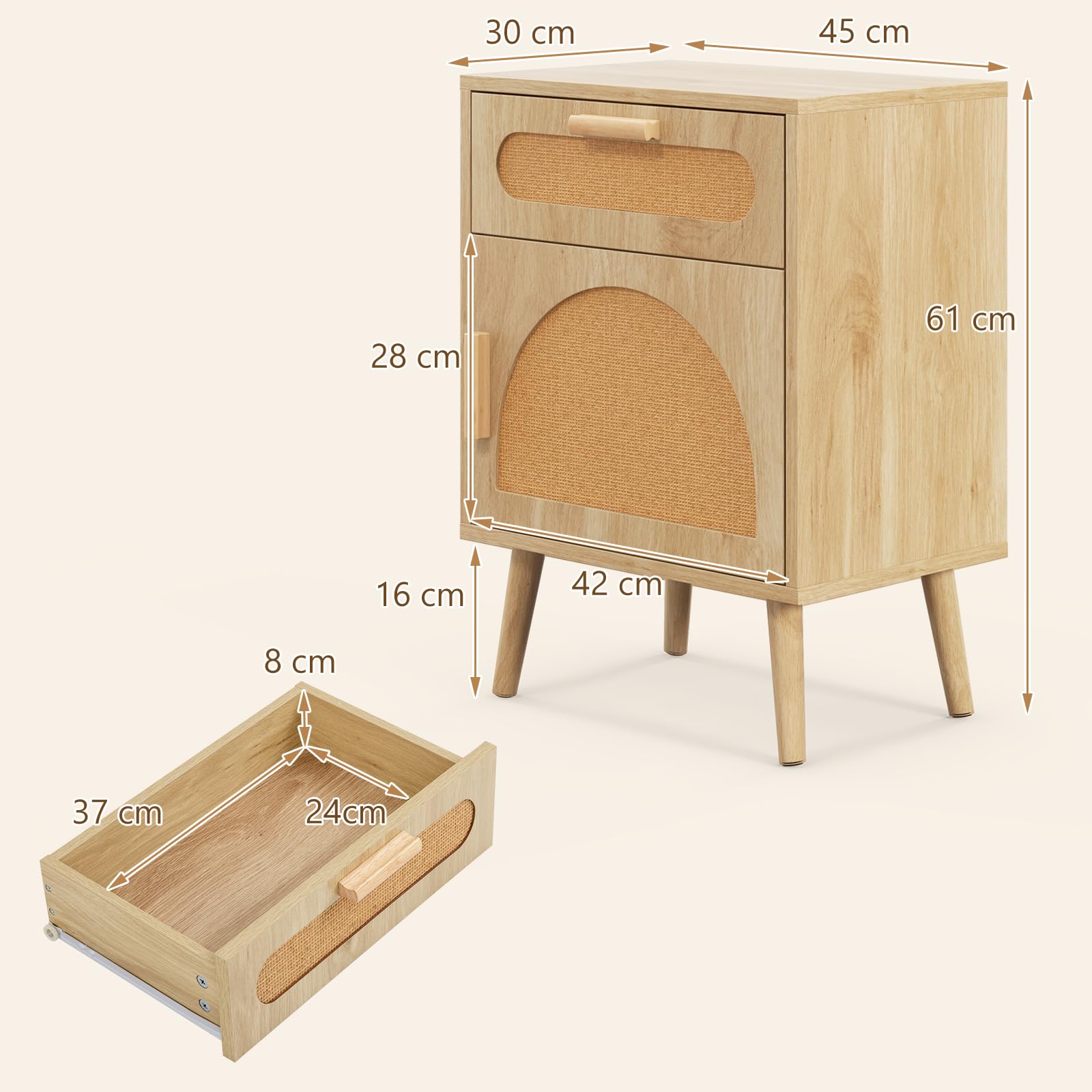 Comodino in rattan con gambe in legno massello, per soggiorno e camera da letto, 45 x 30 x 61 cm, naturale h