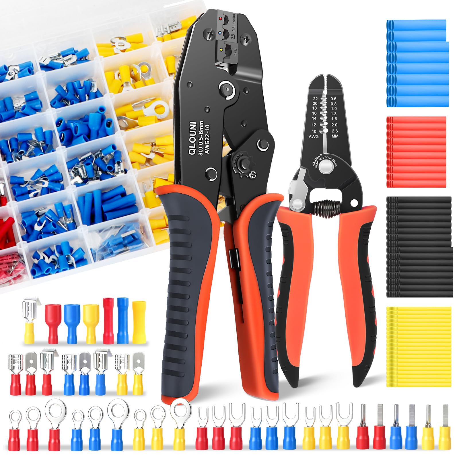 961 Pezzi Pinza Crimpatrice Capicorda, Spelafili, Pinza Crimpatrice con 559 Puntalini Elettrici 0.5-6mm²(22-10AWG), 400 Tubi Termorestringenti per Installazioni Elettriche e Riparazioni di Veicoli