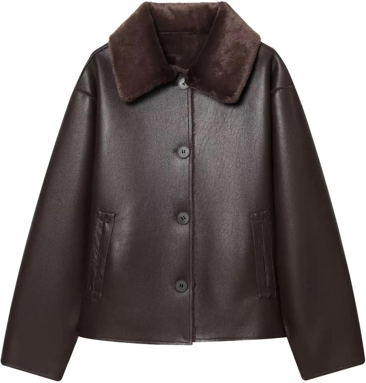 Women's Spring Reversible Double Faced Faux Leather Jacket Long Sleeve Pocket Button Casual Coats