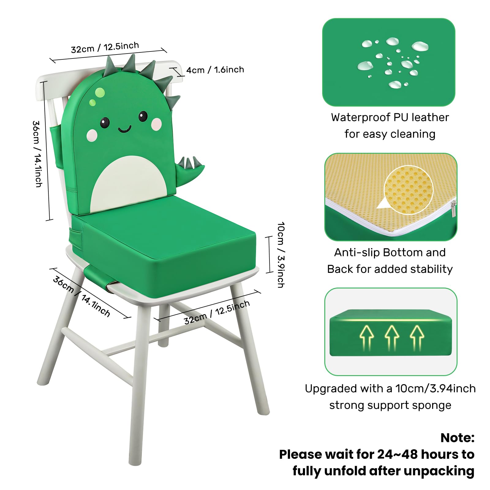 Rialzo Sedia per Bambini 2 Pezzi, 10cm PU Portatile Alzasedia Da Tavolo, Cuscino Sedia, con Cinghie Regolabili per Seggioloni Alza Sedia - Dinosauro Verde