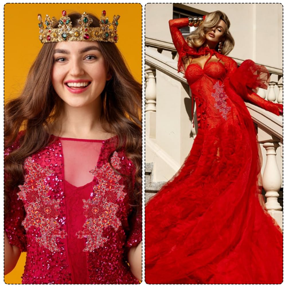 2 toppe in pizzo floreale rosso da cucire, 27 x 12 cm, scintillanti, con strass e pizzo ricamato, per abiti da sposa, costumi da ballo e fai da te