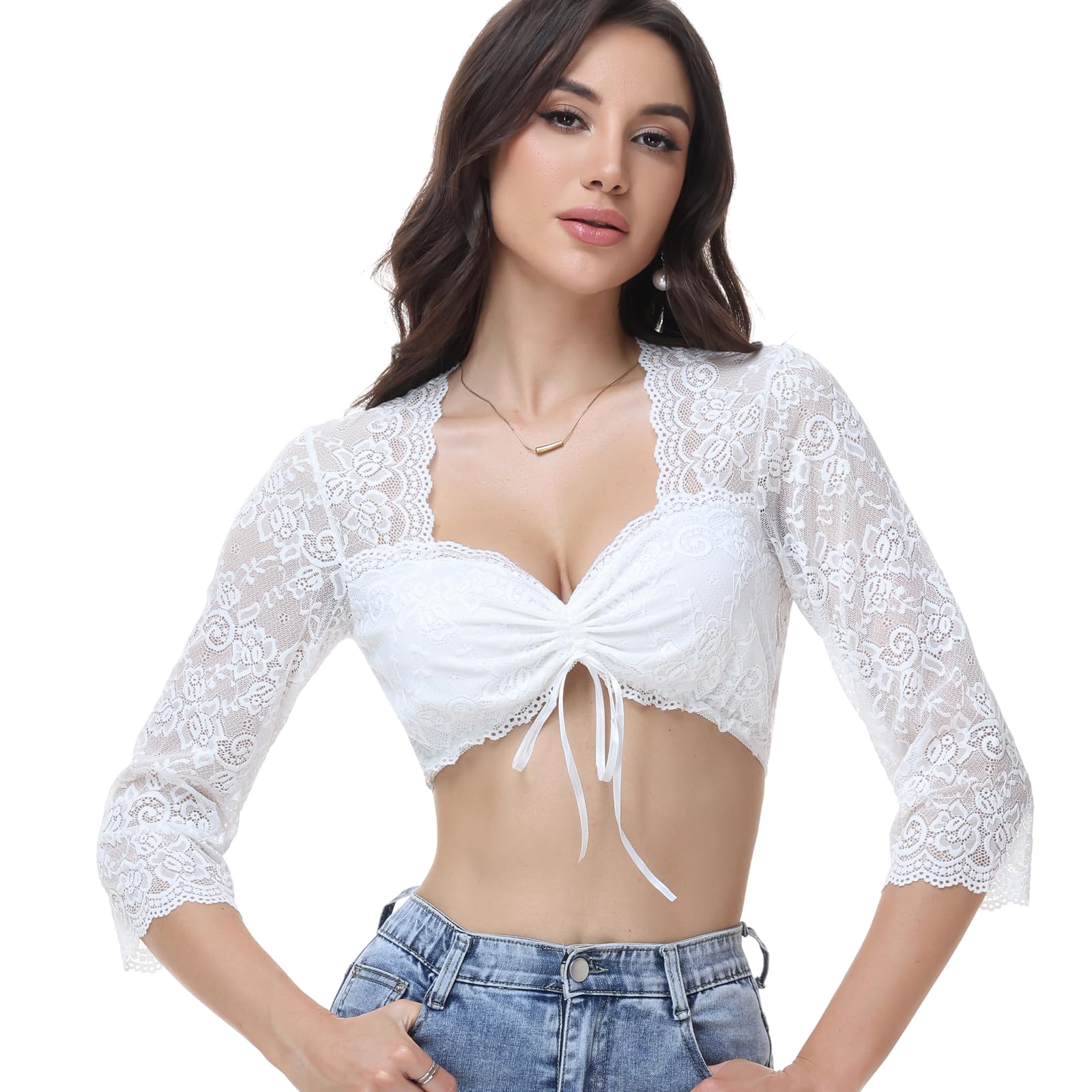Ahigh Dirndl Bluse Damen | Dirndlbluse Langarm mit V-Ausschnitt | Trachtenbluse für Dirndl | Dirndlblusen Spitze und Kariertes Design | Damen Bluse für Oktoberfest 34-46