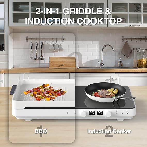 Induction Cooktop 2 Burners with Removable Cast Iron Griddle Pan Non-stick, 1800W Sensor Touch 9 Power Levels, 99 Min Timer, Suitable for Kitchen,Great for Family Party