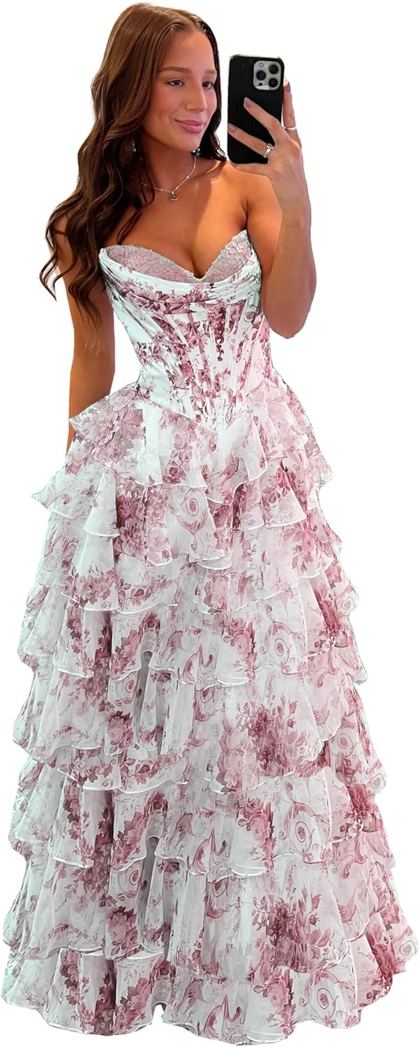 GATMAHE Tulle Floral Prom Dresses for Teens 2026 Tiererd Long Ball Gown Strapless Sweetheart Formal Evening Gowns with Slit