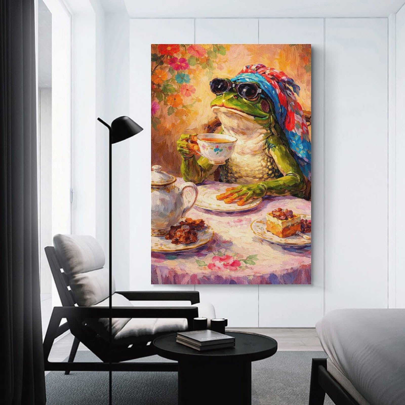 Junmoney Frog Enjoying Tea with Cake Home Decor Wall Art, 20x30inch(50x75cm), for Apartment Walls, Studios Or Work Areas, Wall Decor with Flexible Room Appeal