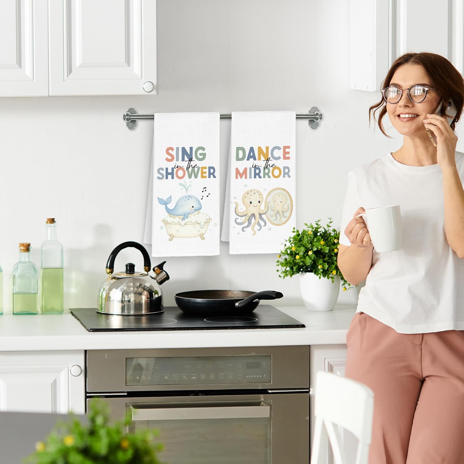 Funny Sea Animals Bathroom Kitchen Towels Set of 2, Cute Hand Towels Decor for Bathroom, Whale Octopus Dish Towel, Nursery Tea Bar Waffle Towel for Dorm Kids Home 16x24in - Image 4