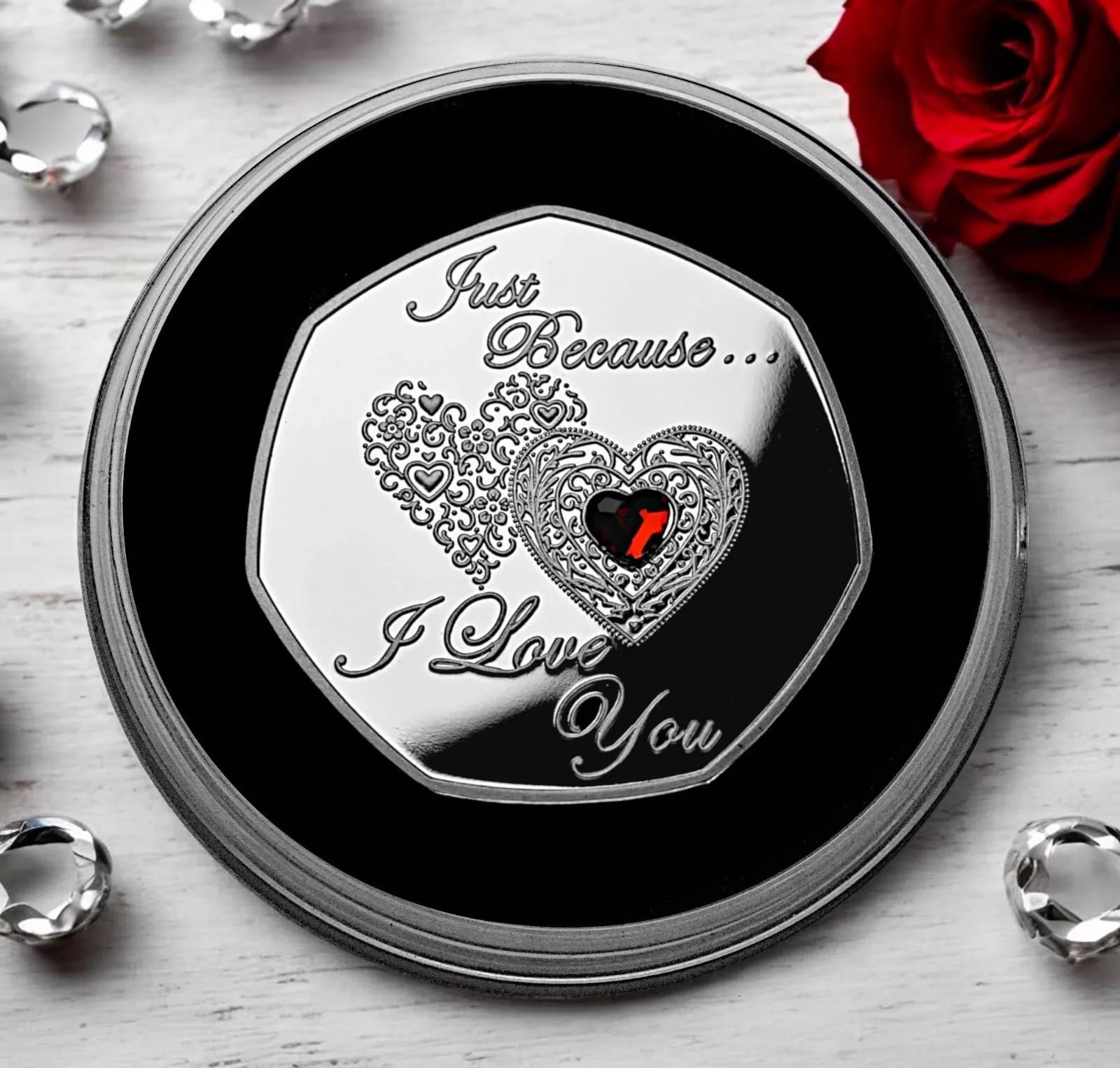 The Commemorative Coin Company Just Because... I Love You' Silver Commemorative in Capsule. Gemstone. Gift/Present Partner/Husband/Wife Boyfriend/Girlfriend Anniversary