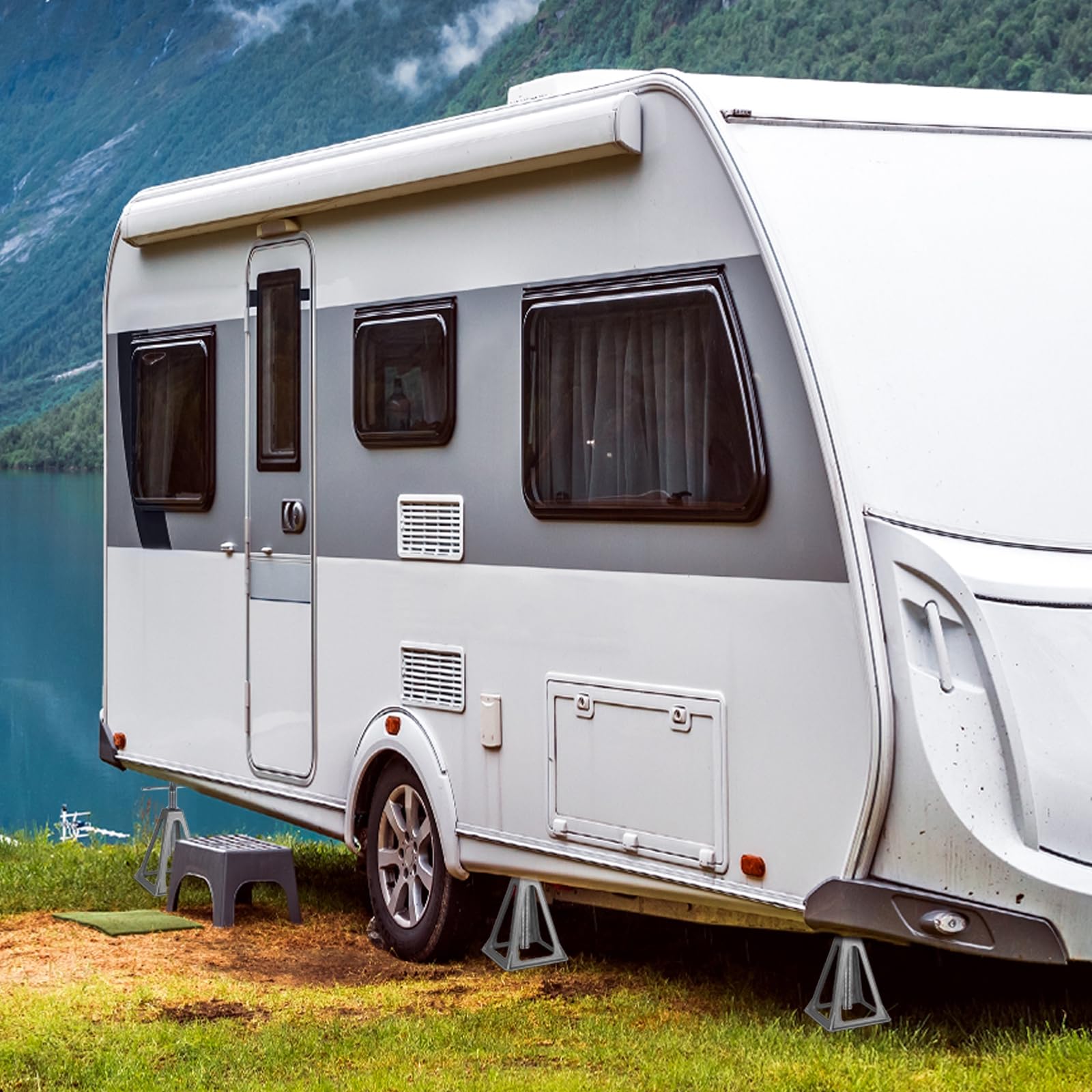 SUBTLETY Aluminium Stützböcke Set Manuelles Auto Tretlager 28-43cm Höhenverstellbar Unterstellböcke Alu Hebebühnen mit Griff Wohnmobil Ständer Belast bis 1T Wohnwagen für KFZ Anhängern (4 Stück)