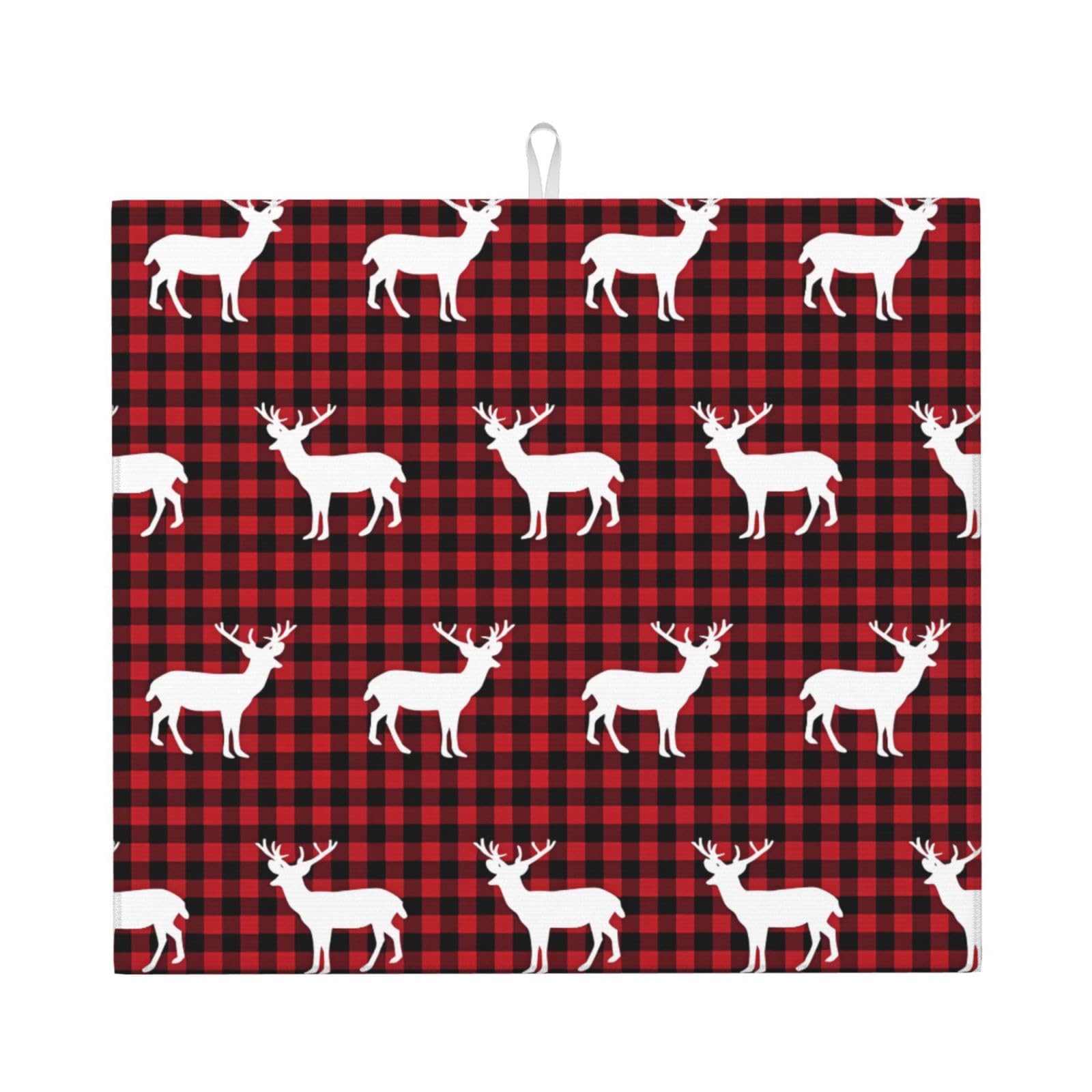 HJFCZH Buffalo Plaid Deer Prints Kitchen Drying Mat – High-Capacity Absorbent Dish Cover, Engineered with 4x Weight Absorption, Durable Microfiber & Composite Foam Construction